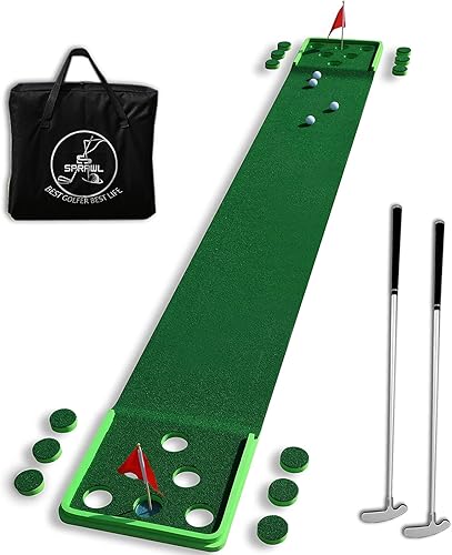 SPRAWL Juego de golf pong, tapete de golf para interiores y exteriores, putters de golf para poner verde, ayuda para entrenamiento de práctica,