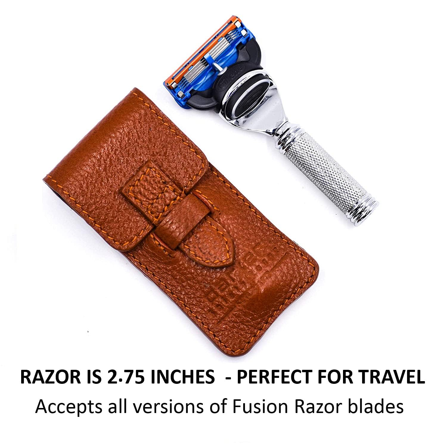 Parker Travel Fusion Safety Razor – Compact 2.75″ Fusion-Style Razor with Luxurious Saddle-Leather Sheath & 1 Gillette Fusion Blade, Pocket-Friendly & Durable Design