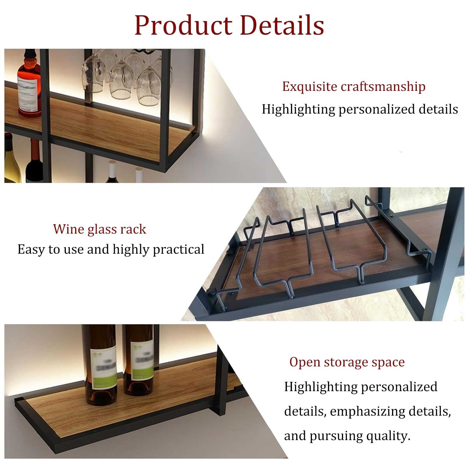 180cm Scaffale per vino a 4 livelli da parete con luci LED, mensola industriale per bottiglie di liquori, ripiani metallici per bar con portabicchieri, decorazione murale per sala da pranzo