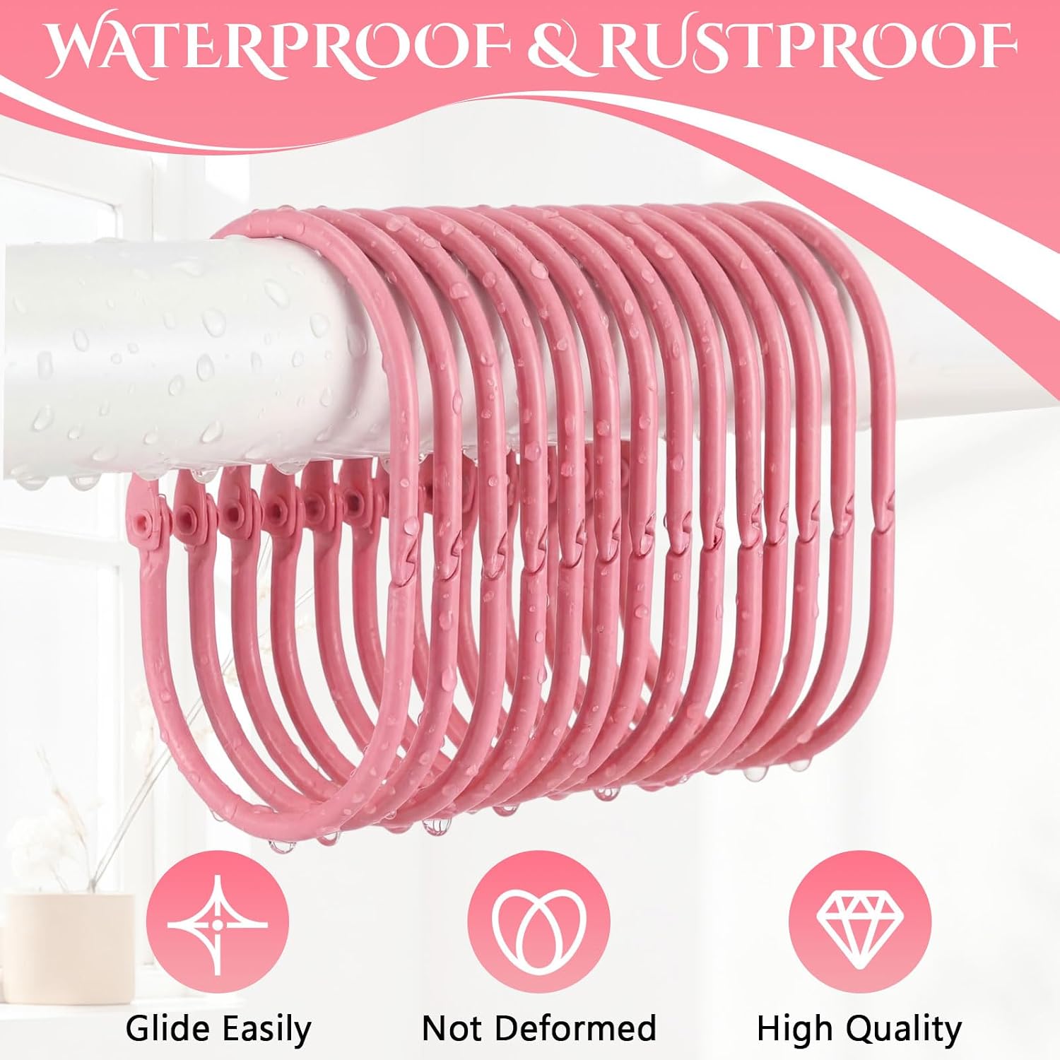 Sliner 24 Pcs Shower Curtain Rings Oval Rings for Curtain, Pink
