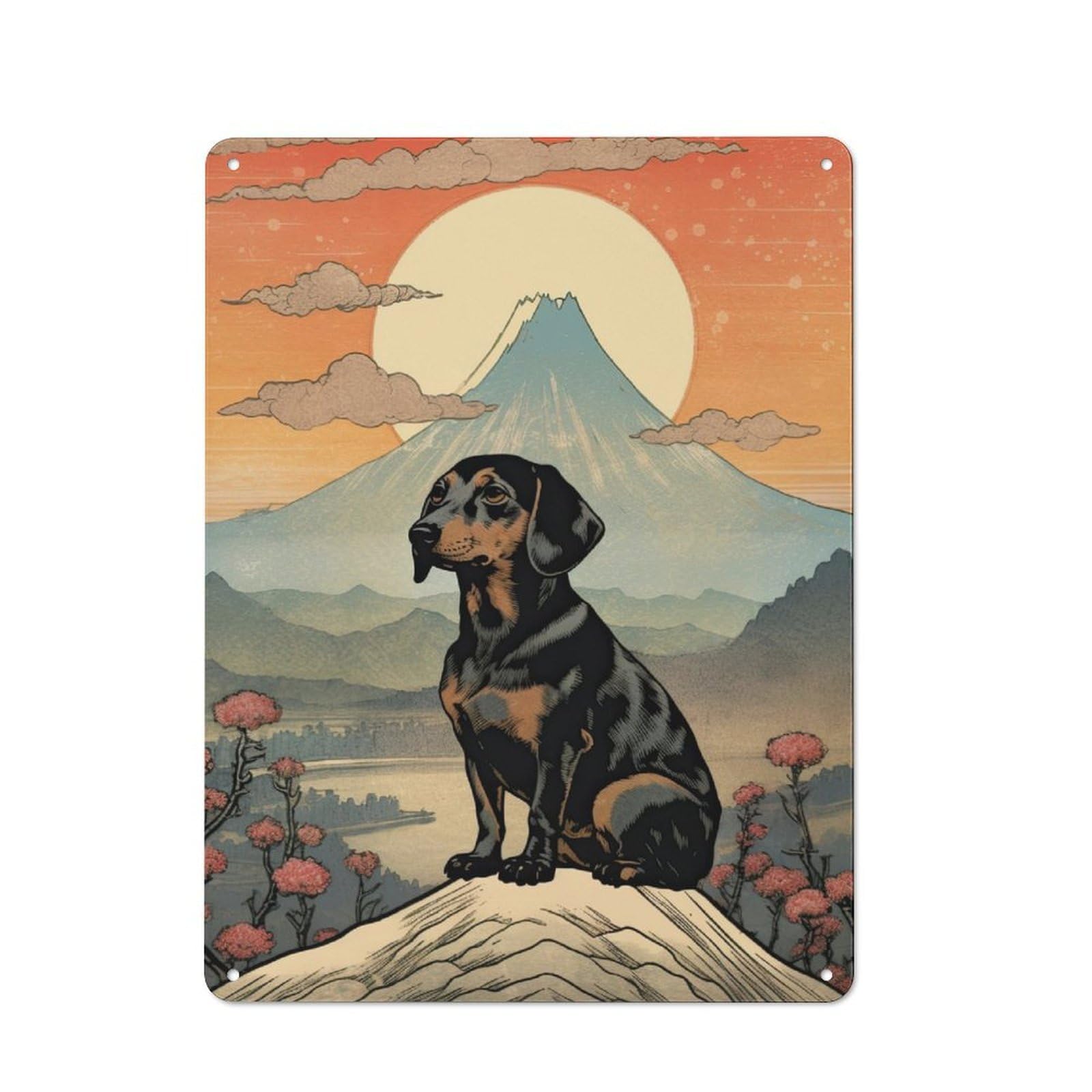 Junmoney Dachshund Mount Fuji Printed Metal Sign 40X30cm For Kitchen Or Home Bar, Housewarming Present For People Styling Kitchen And Home Bar