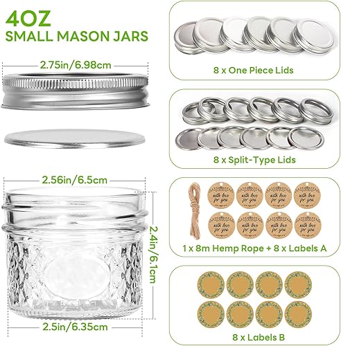 Miniatura 3 de Tarros pequeños de masón, paquete de 8 frascos de 4 onzas, tarros de conservas con 2 tapas tipo, 8 tapas de tipo dividido y 8 tapas adicionales de