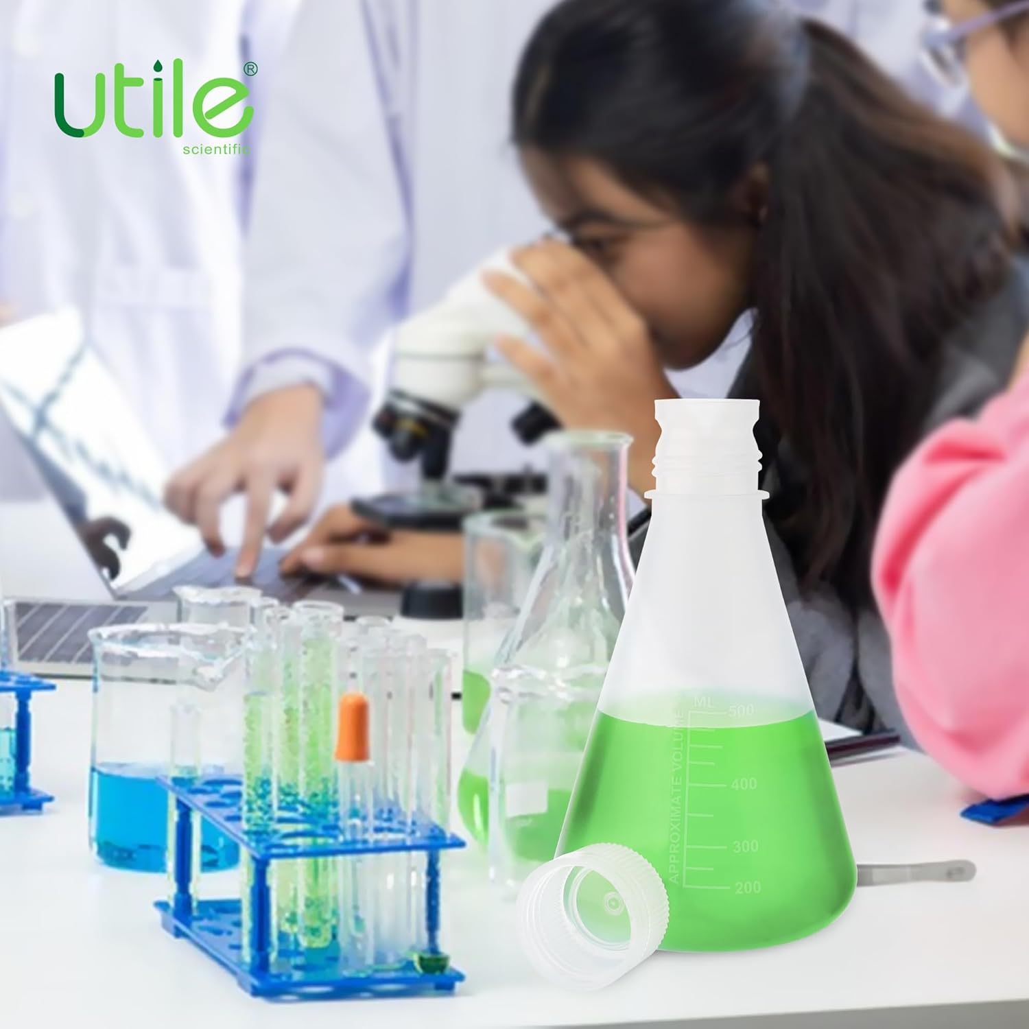 Utile Plastic Erlenmeyer Flask Set, Vol.2000ml Scientific Conical Flask Laboratory Flask with Screw Cap, PP Material, with Molded Graduations, 4023.0682.001