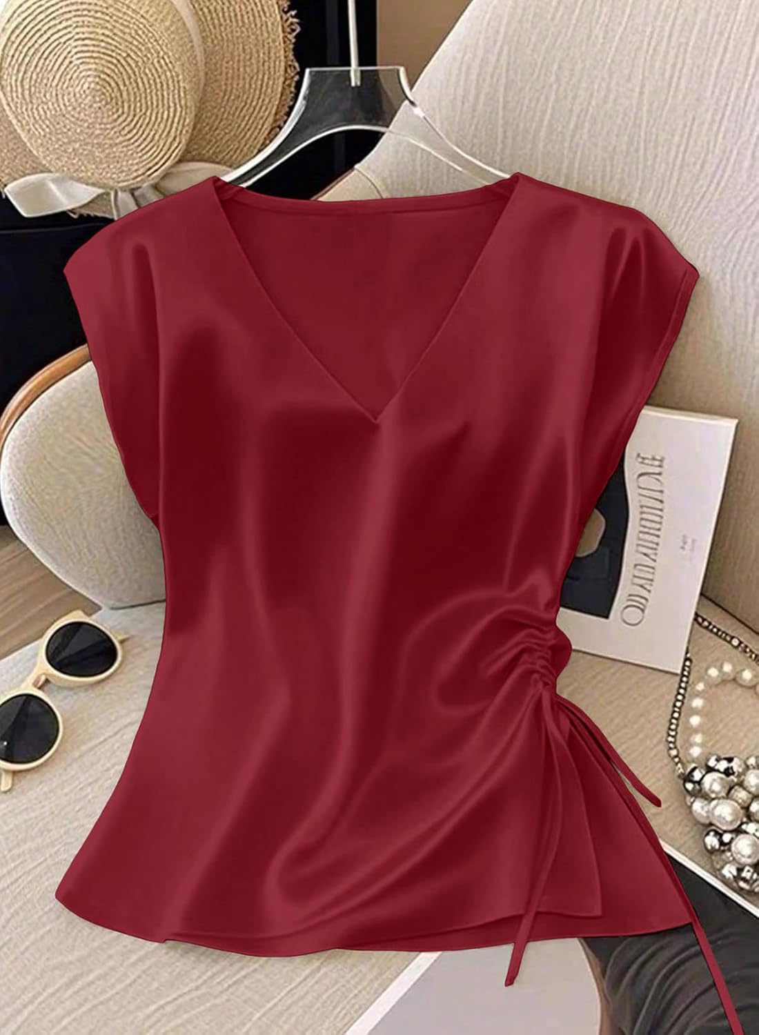 EVALESS Satin Blouses for Women Dressy Casual Silk V Neck Cap Sleeve Pleated Shirts Business Work Tops - Image 2