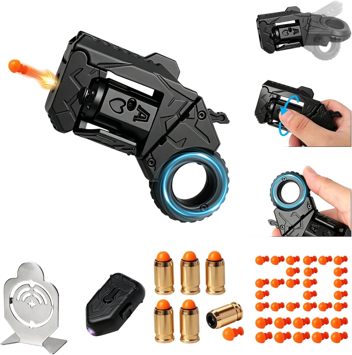 Metal Fidget Gun for Adults, 5-in-1 EDC Stress Relief Toy, 6 Shells, Black