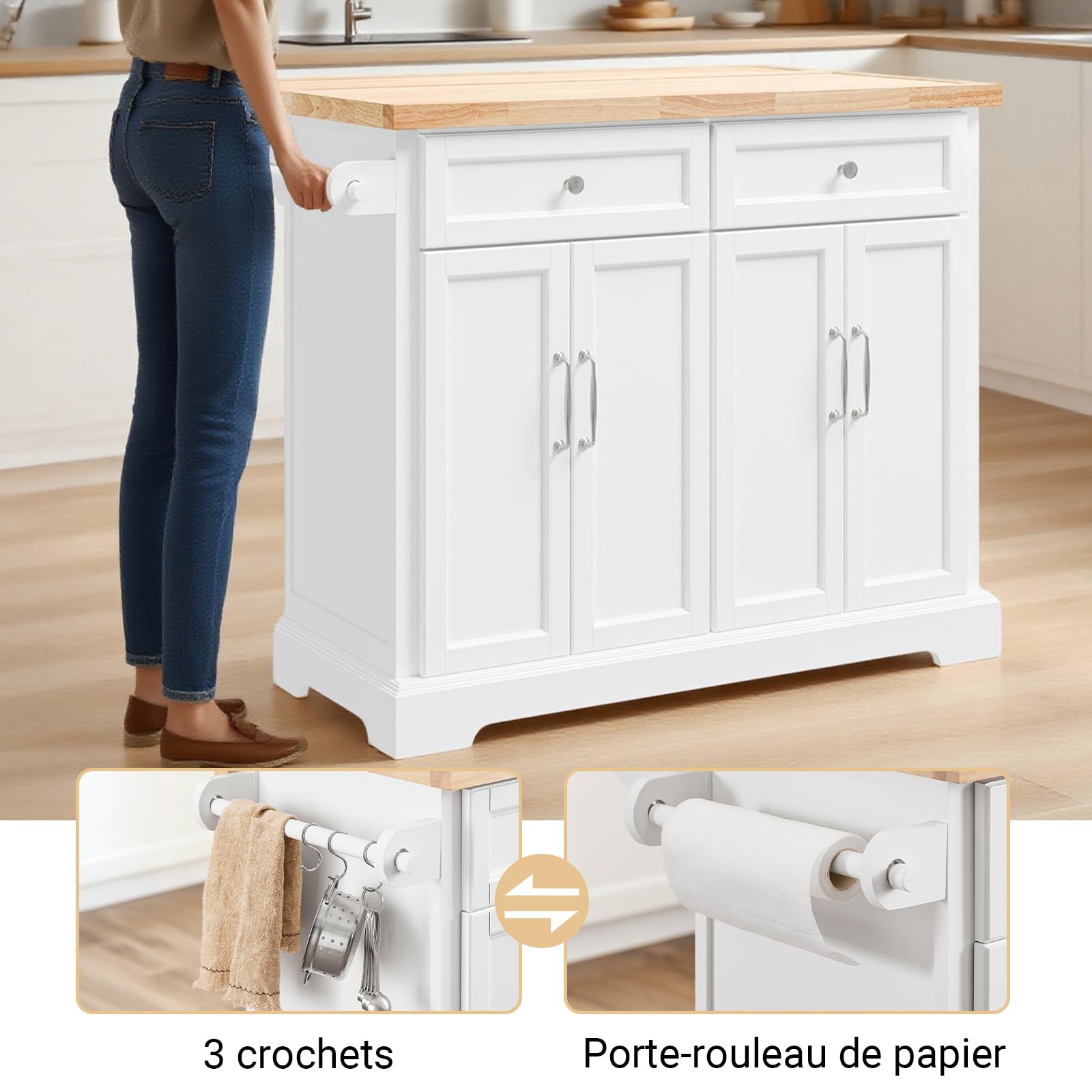 SoBuy Îlot Central Cuisine à roulettes & Plan Pliable, 115x92x(46-71) cm | Desserte Cuisine à roulettes, 2 tiroirs, tablettes réglables, range-couvercles & barre, 98 kg de charge, MDF/PB, FKW71-III-WN