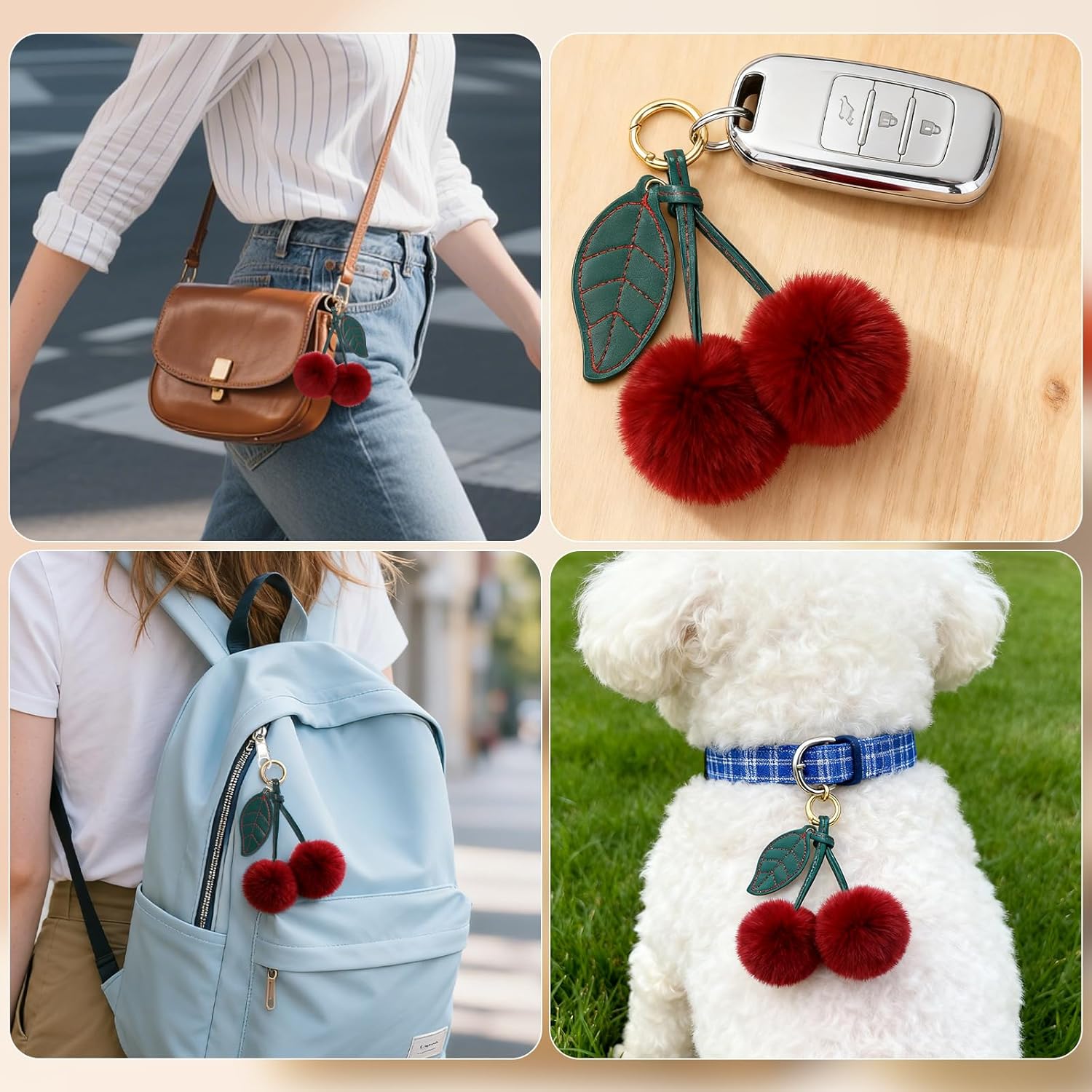 Cherry Pom Pom Keychain, Fluffy Car Keychain Pompom Key Chains Charm for Handbags, Purses, Handbags, Bags for Women Girl (Red) - Image 6