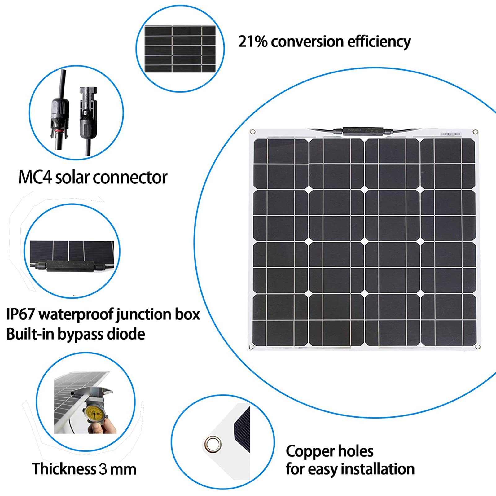 Kit de Panel Solar monocristalino de 100 W, Cargador Solar portátil, Panel Solar Flexible para batería de Coche, Caravana, Barco, baterías de 12 V, Banco de energía