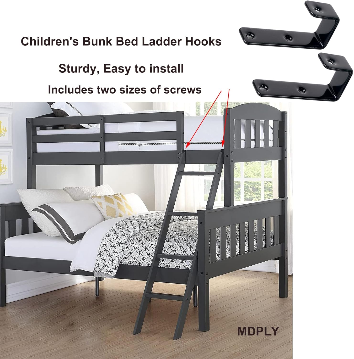 8 Pack Bunk Bed Ladder Hooks, Inside Width 1" Vinyl Coated Iron Heavy Duty J Hook Brackets for Bed Decoration Tool with 2 Size Mounting Screws, 2.75" Length x 1.3" Width (8 Pcak, Black)