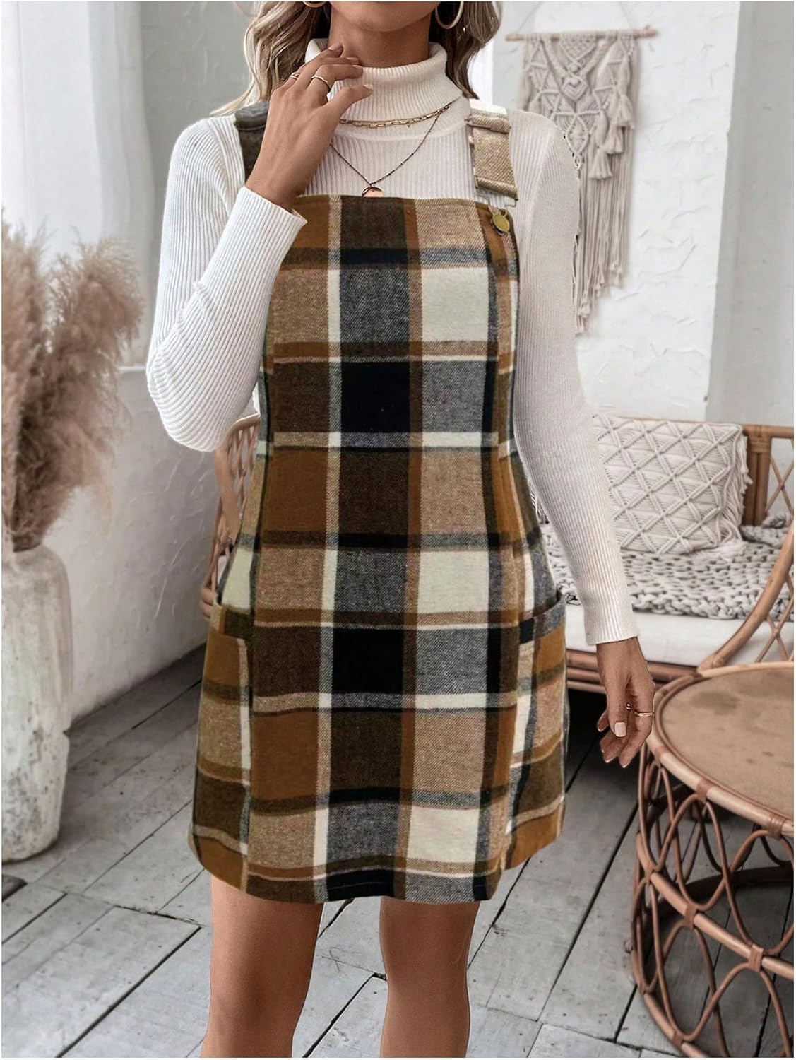 Milumia Women's Plaid Sleeveless Overall Dress Flannel Pinafore Short Dresses - Image 6