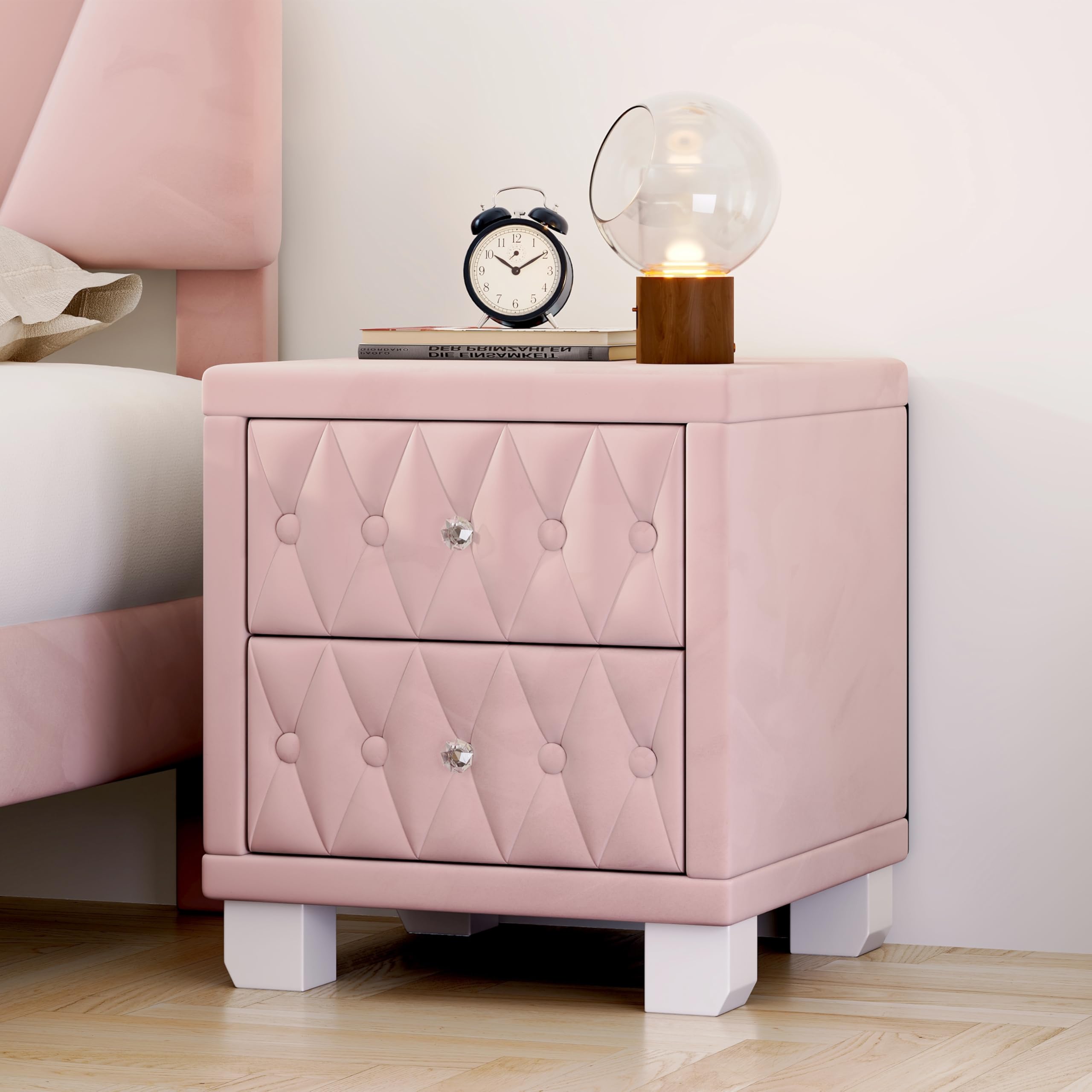 Polibi Velvet Nightstand with 2 Storage Drawers and Crystal Handle, Button Tufted End Table for Living Room, Pink