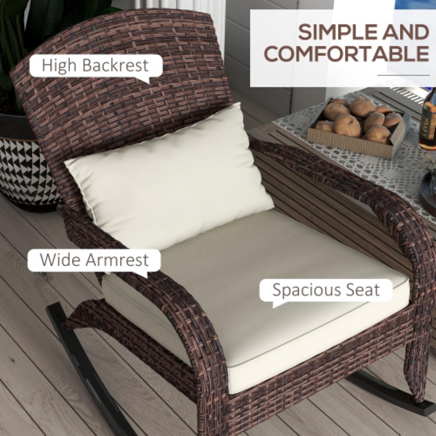 Outdoor Wicker Adirondack Rocking Chair, Patio Rattan Rocker Chair with High Back, Seat Cushion and Pillow for Garden, Porch, Balcony, Mixed Brown + Cream White