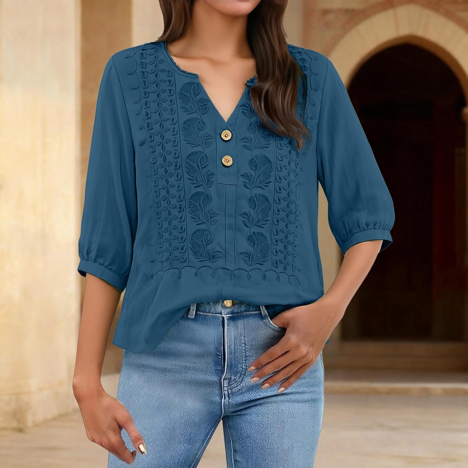 Embroidered Linen Shirts for Women - v Neck 3/4 Sleeve Length Boho Tops Plus Size Tunics Summer Dressy Casual Blouses - Image 2
