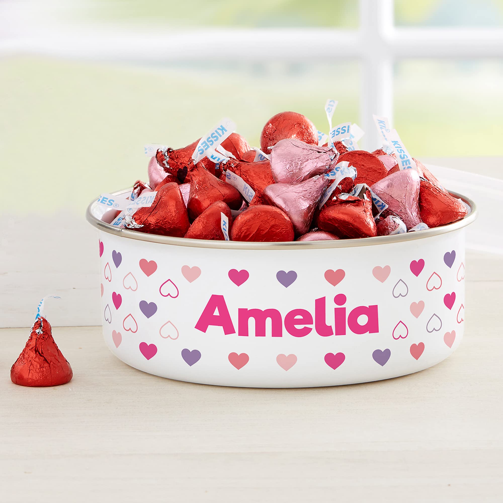 Personalization Mall Personalized Hearts Enamel Bowl with Lid - 20oz Snack or Ice Cream Bowl - Customizable with Name - Stainless Steel, Glossy White - Pink