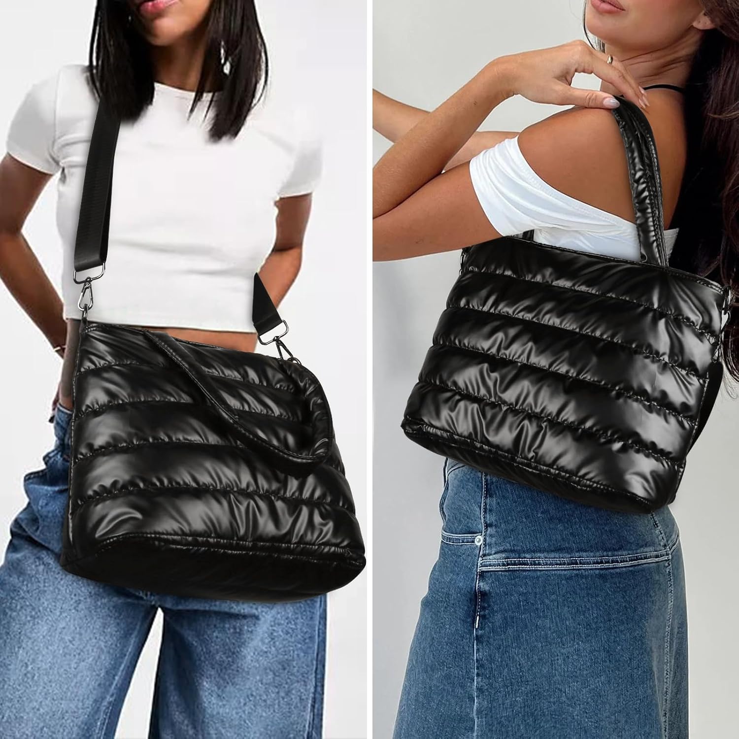 Puffer Tote Bag for Women Quilted Puffy Handbag Lightweight Winter Down Cotton Padded Shoulder Bag Down Padding Crossbody Handbag for Office, Travel