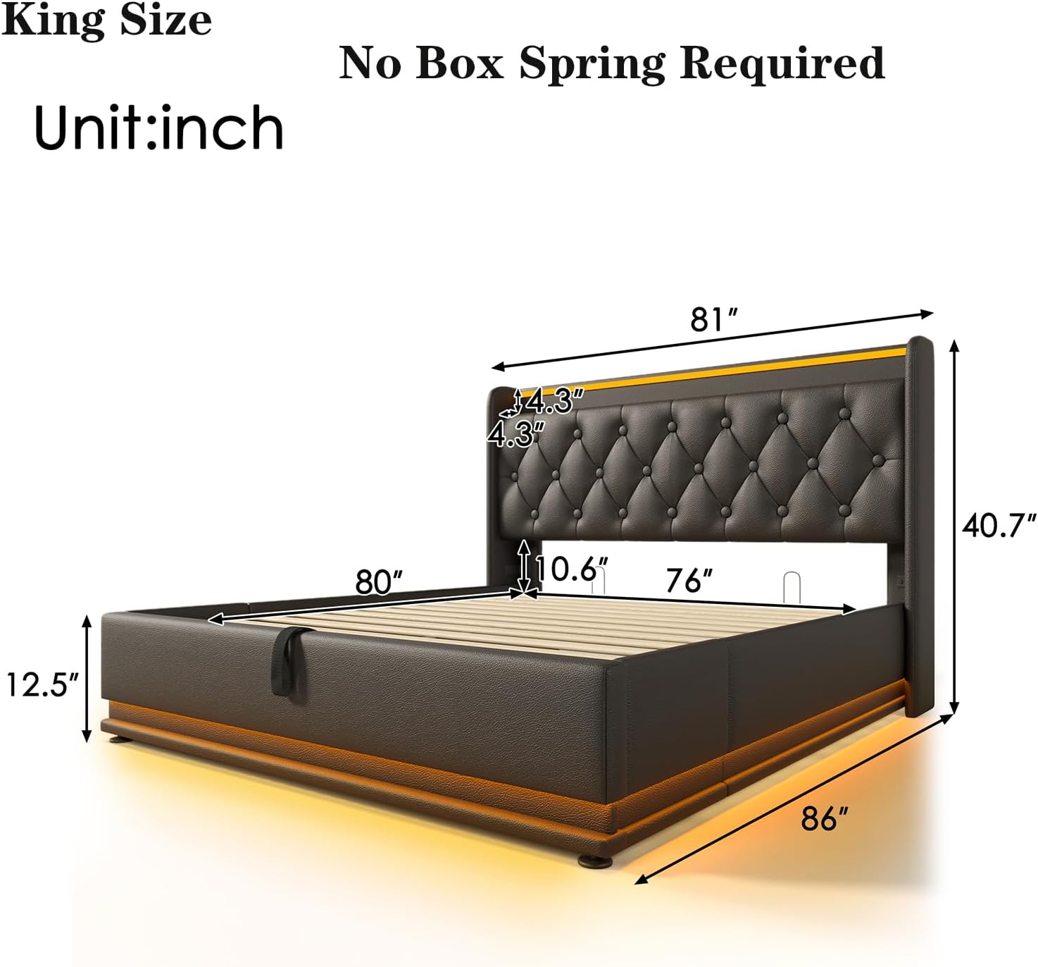 King Size Lift up Storage Platform Bed with 360 Degree Surround LED Light, Bedroom Upholstered Hydraulic Smart Bed Frame, No Noise, No Spring Mattress Required, Easy to Assemble (Black, King)