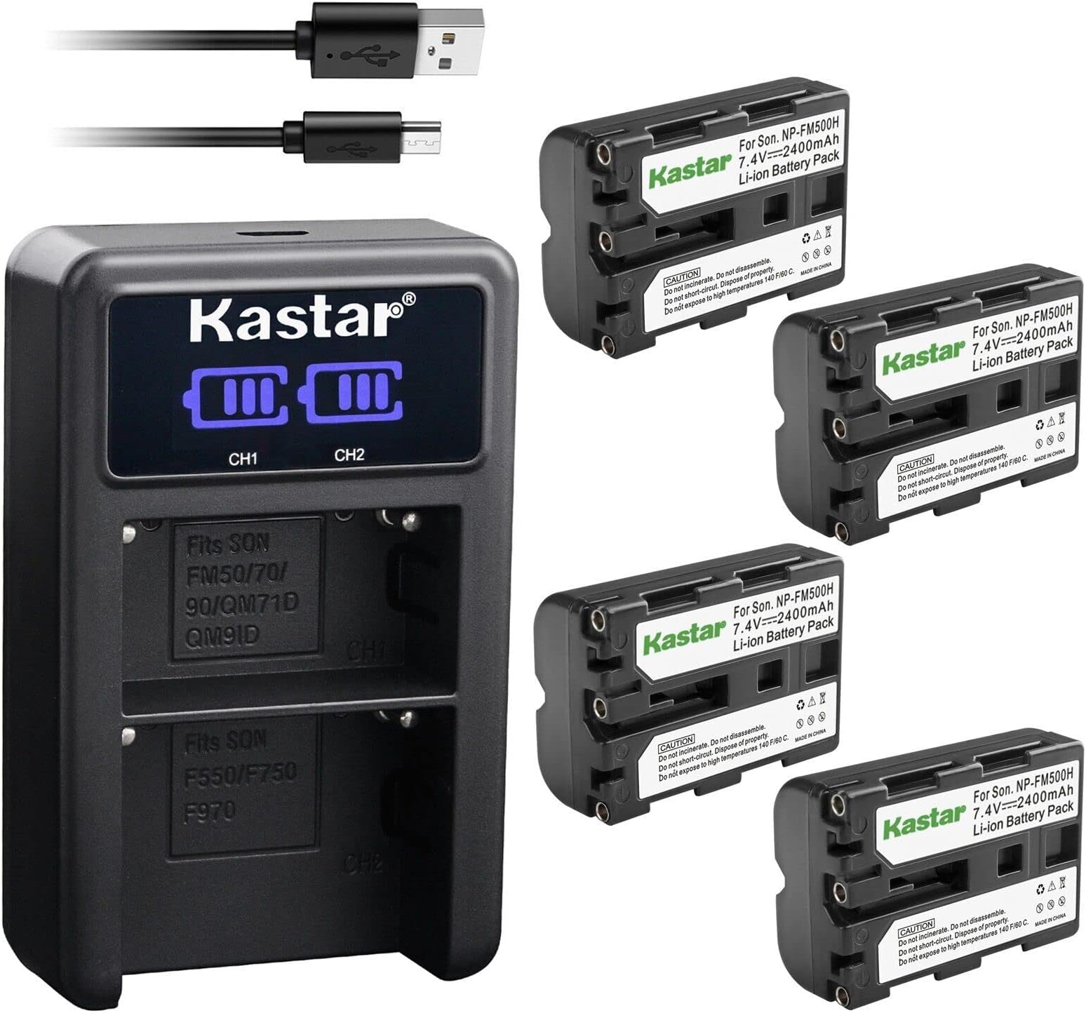 Kastar 4-Pack NP-FM500H Battery and LED2 USB Charger Compatible with Sony DSLR-A700P, DSLR-A700Z, DSLR-A850, α850, Alpha A850, DSLR-A850B, DSLR-A850Q, DSLR-A900, α900, Alpha, a900, DSLR-A900B Camerea