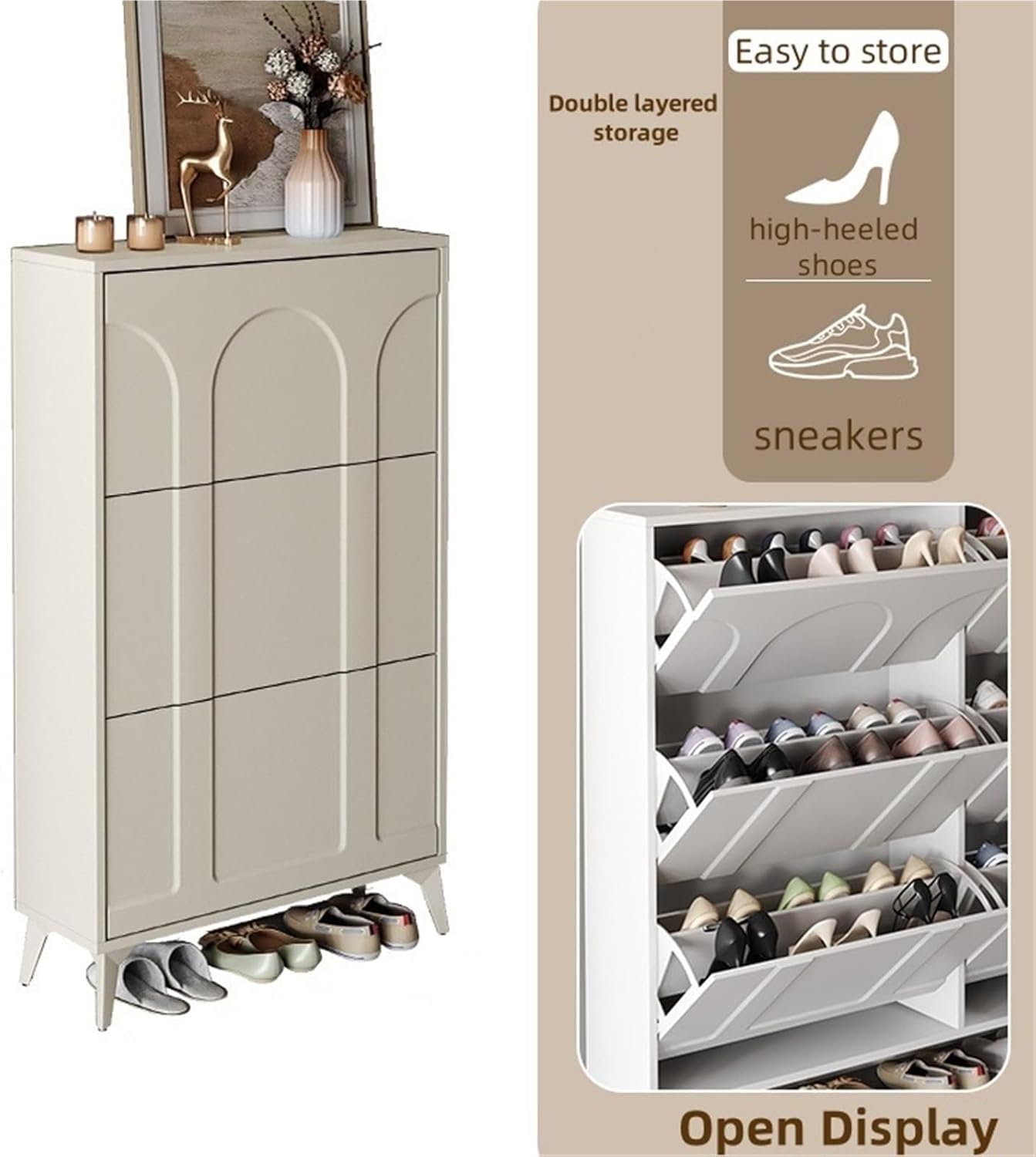 Shoe Storage Cabinet with 3 Flip Drawers, Slim Narrow Free Standing Shoe Rack, Barn Door Design, Perfect for Balcony and Entryway (100x24x120cm)