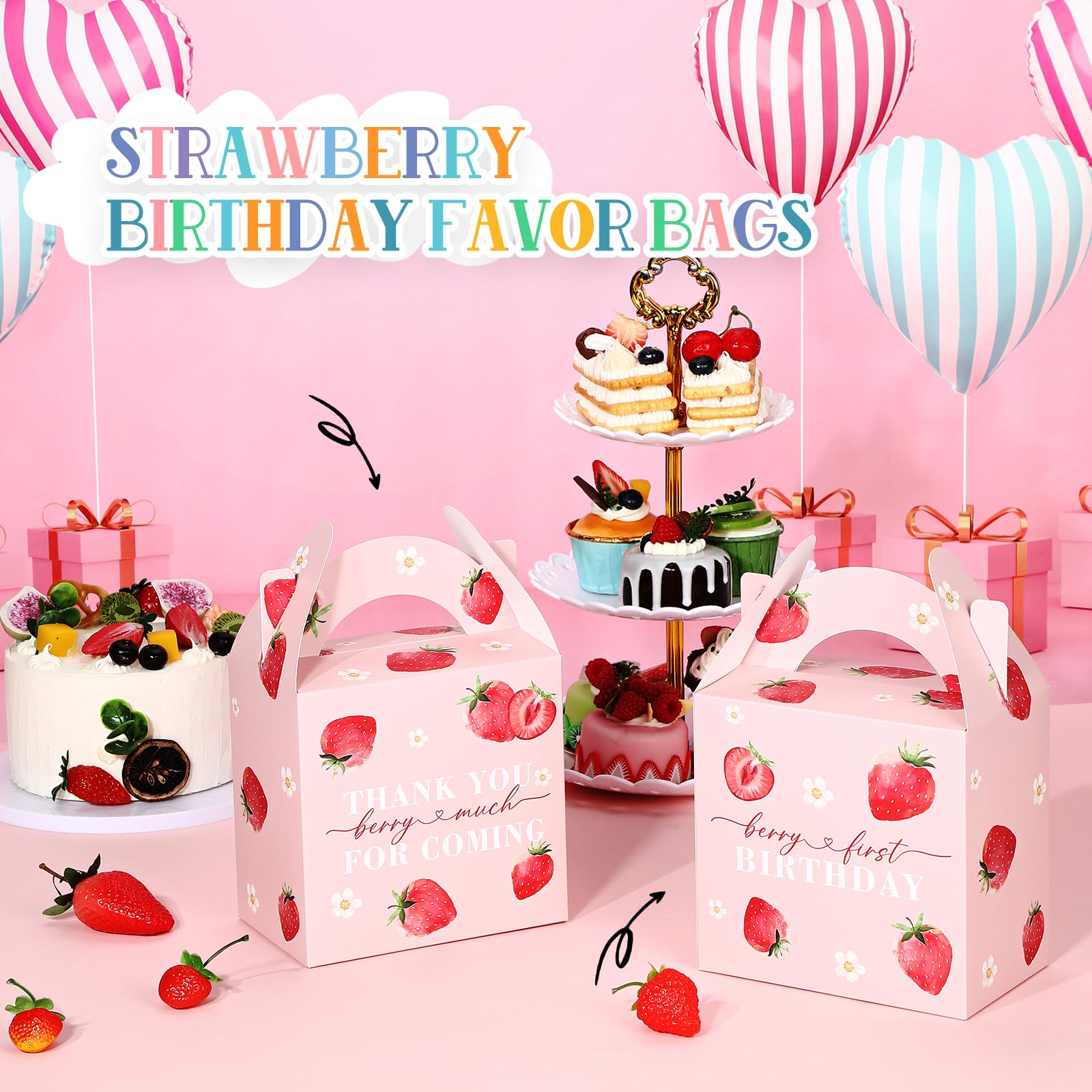 Sinload Confezione da 24 scatole per bomboniere di compleanno a forma di fragola, 15 x 9,9 x 21,3 cm, in scatola regalo per caramelle a tema fragola, scatola regalo per un dolce compleanno, baby
