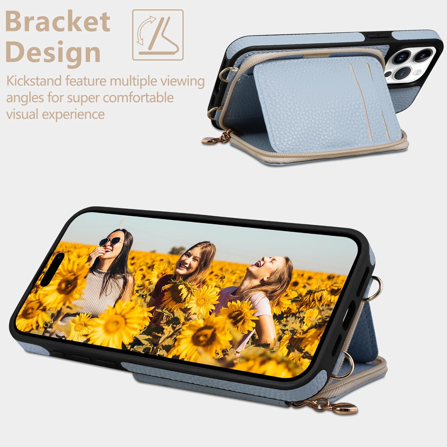 Keallce Compatible with iPhone 15 Pro Max 6.7 inch Case Wallet, Crossbody Zipper with RFID Blocking Card Slots Kickstand, Lanyard & Handstrap Flip Leather Cover for iPhone 15 Pro Max 2023, Blue