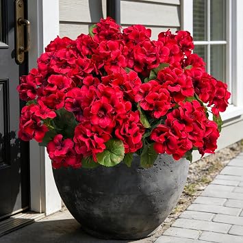 Roberly 6 Pcs Artificial Flowers for Outdoors, Red Fake Geranium Flowers | Silk faux flowers, realistic plants, UV resistant, spring summer front door yard wndow box indoor home decor