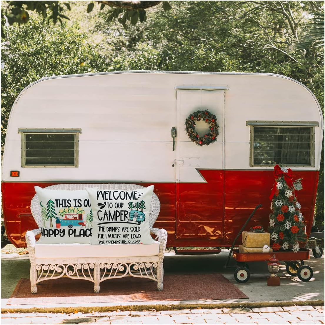 Happy Camper Pillow Covers Camping Our Happy Place Adventure Throw Pillow Case Cotton Linen Pillowcase Cushion Covers for Rv Trailer Couch Sofa Bed 18x18 Set of 4
