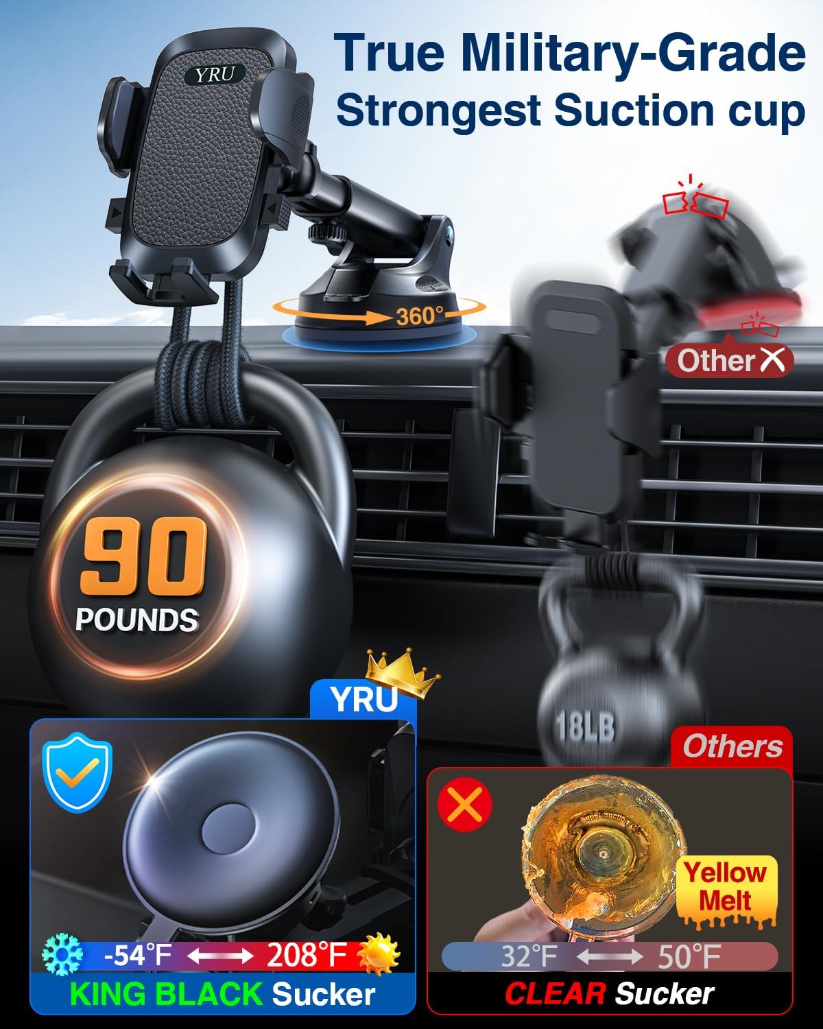 YRU True Military-Grade [360° Rotation Suction] 2026 Ultimate Car Phone Holder Mount 【90+LBS Safest Strongest & Patent Certs】 Dashboard Windshield Vent for iPhone 17 16 Pro Max Samsung