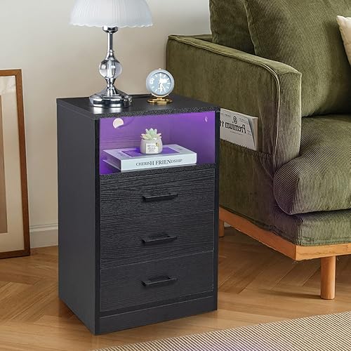 Miniatura 3 de ACLULION Mesita de noche LED con estación de carga, mesita de noche inalámbrica con puertos USB, mesita de noche inteligente con 3 cajones, mesa