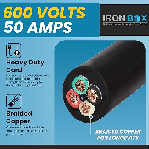 Miniatura 3 de Iron Box Cable de alimentación portátil de 100 pies, 64 SOOW de alta resistencia, 600 V, cable eléctrico flexible de 50 A, calibre 6, 4 conductores,