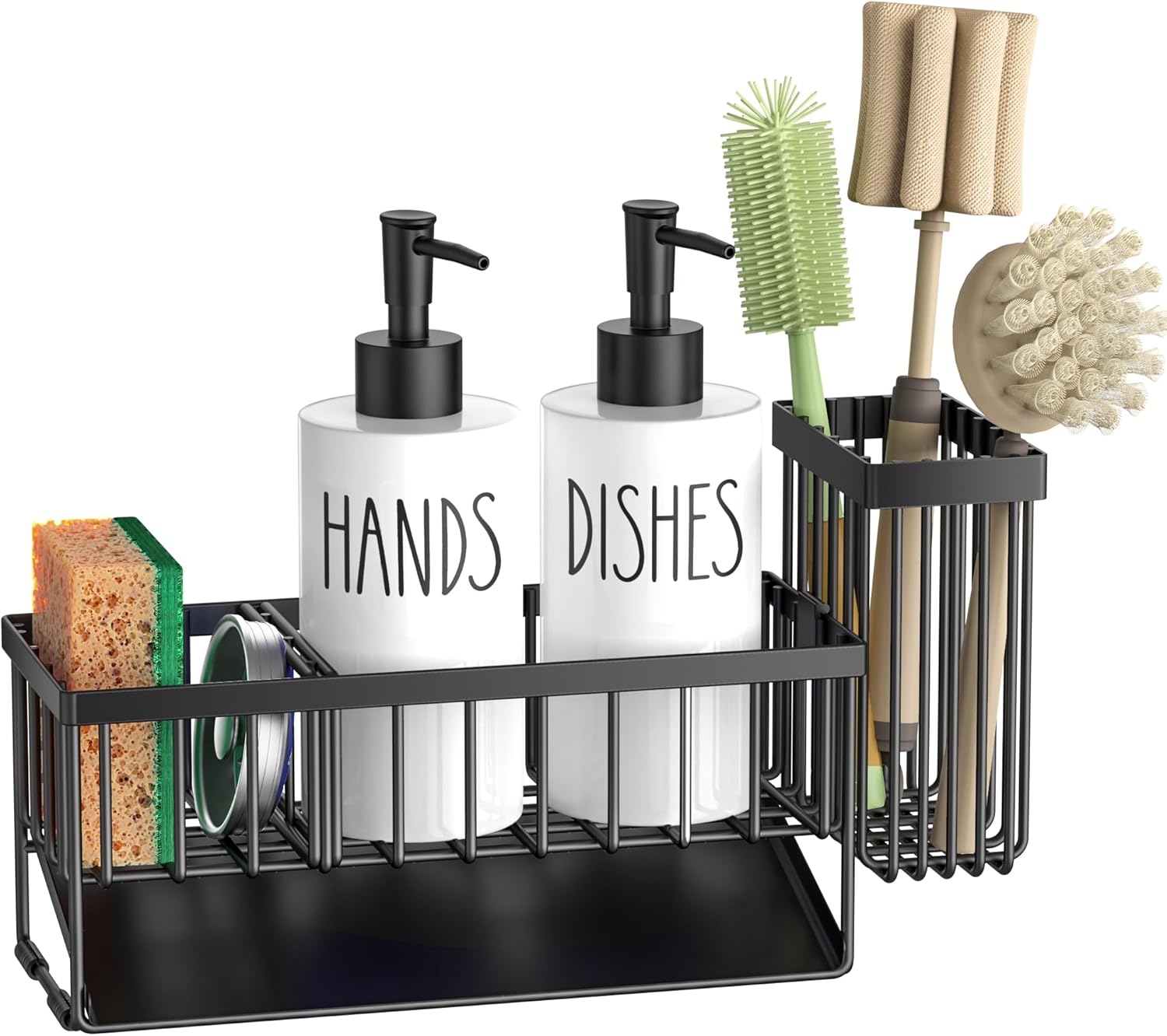 MASADI Kitchen Dish Soap Dispenser Set with Sponge Holder, 12OZ Glass Bottle, Hand and Dish Soap Dispenser Set, Non-Slip Silicone Pad, Brush Holder, Kitchen Sink Organizer Countertop (Black+White) - Image 9