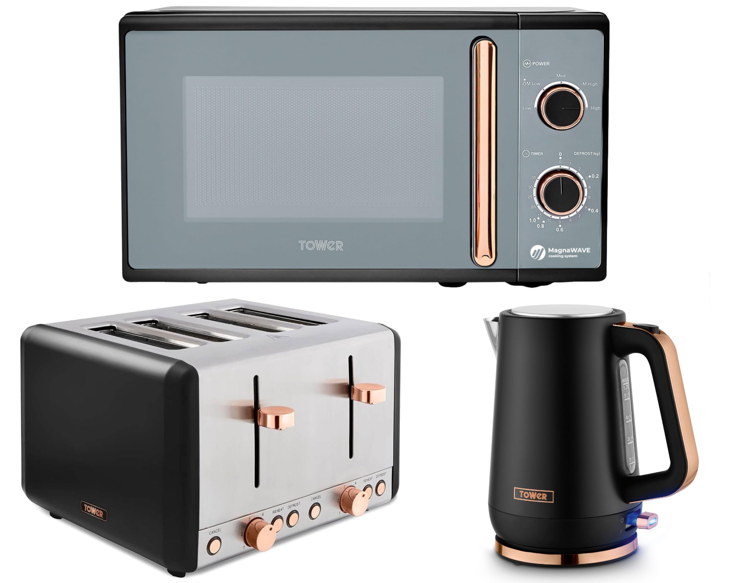 Tower Cavaletto Black 3 Piece Kitchen Appliance Set – 1.7L 3KW Kettle, 4 Slice Toaster & 20L 800W Microwave – Rose Gold Accents, Contemporary Matching Kitchen Set