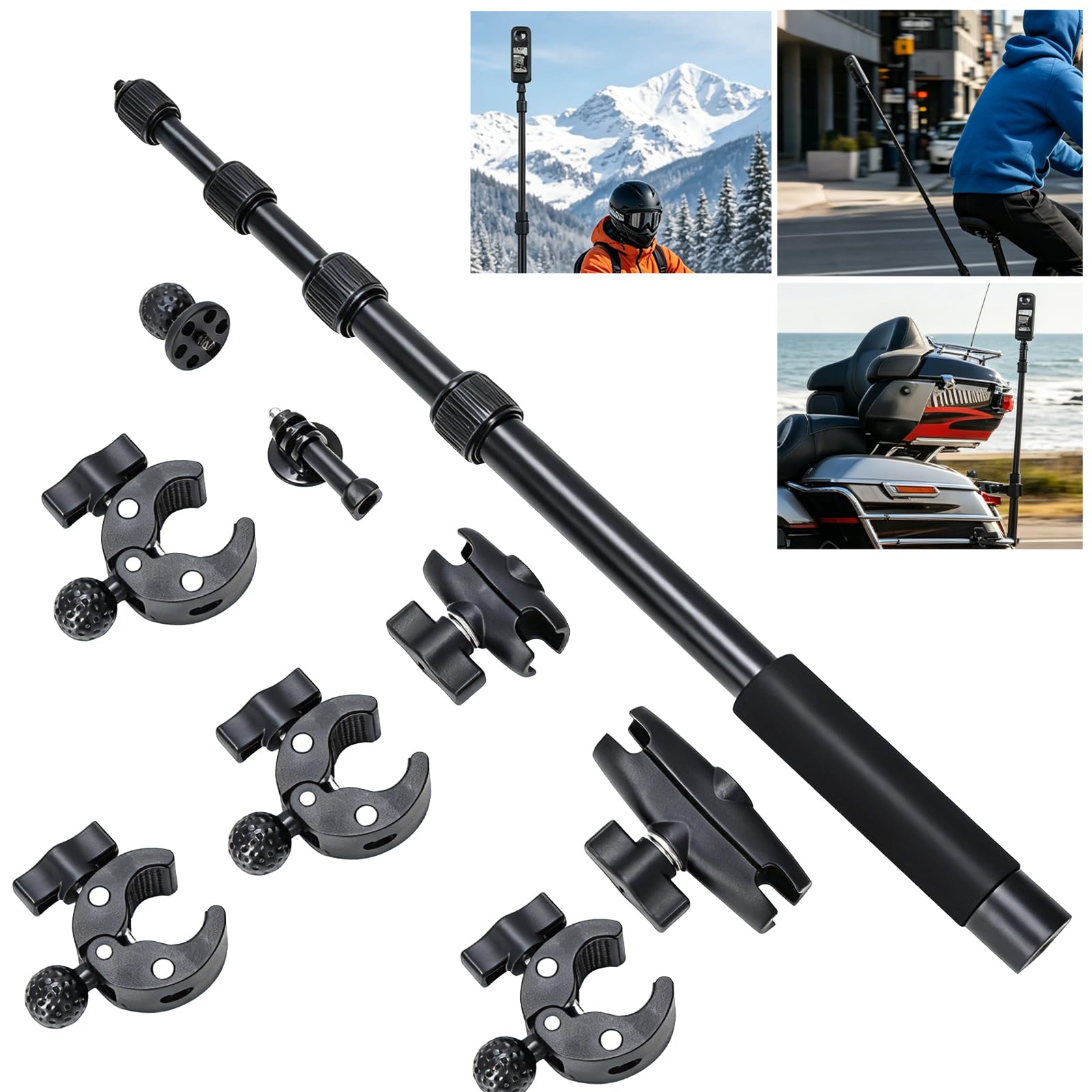 Soporte De Cámara para Moto Y Bicicleta, Abrazadera Doble Ajustable 360 Grados con Palo Selfie Invisible De 40-150cm, Compatible con Insta 360 X4 X5 para dji Osmo 360