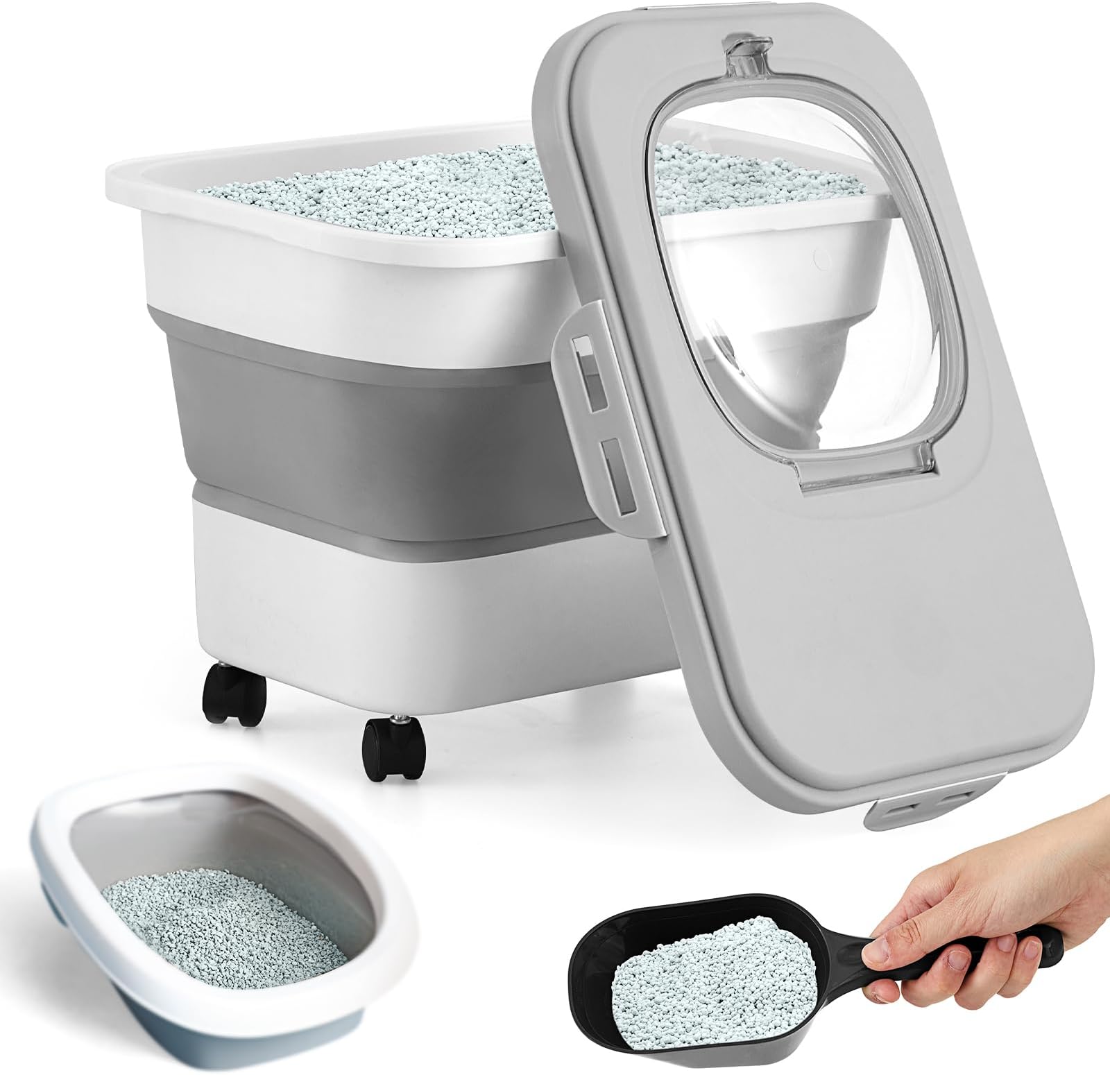 Juexica Collapsible Cat Litter Storage Bin Container with Airtight Lids, Portable Cat Litter Storage Container with Wheels, Kitchen Cereal Rice Leakproof Sealable