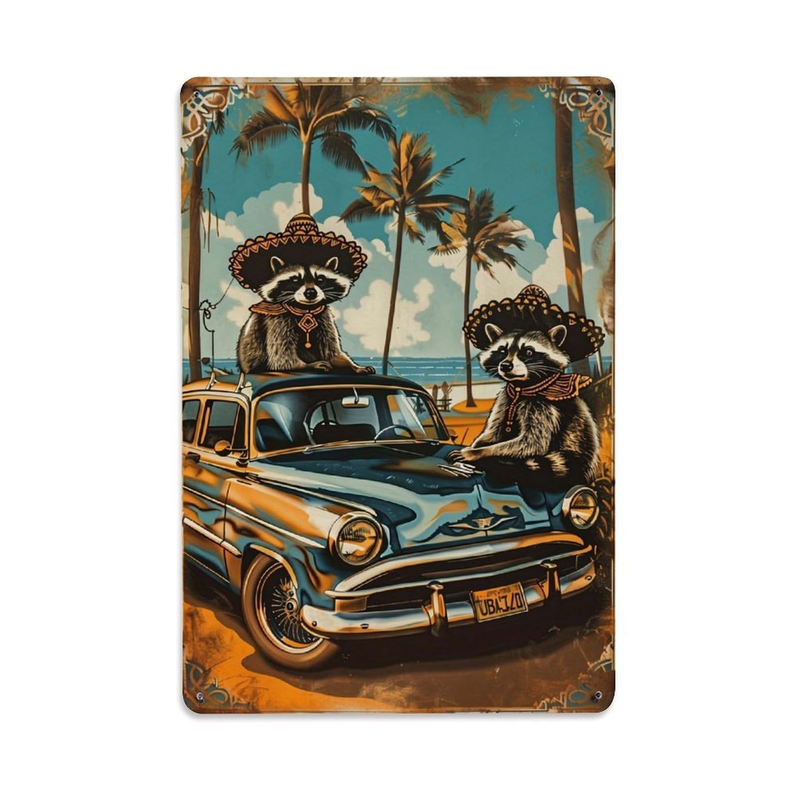 Jdfenggu Vintage Racoon Mexican Car Palm Beach Retro Metal Tin Sign, Decor Art Poster For Bar, Home, Man Cave, Kitchen, Laundry Room Gift 8X12inch
