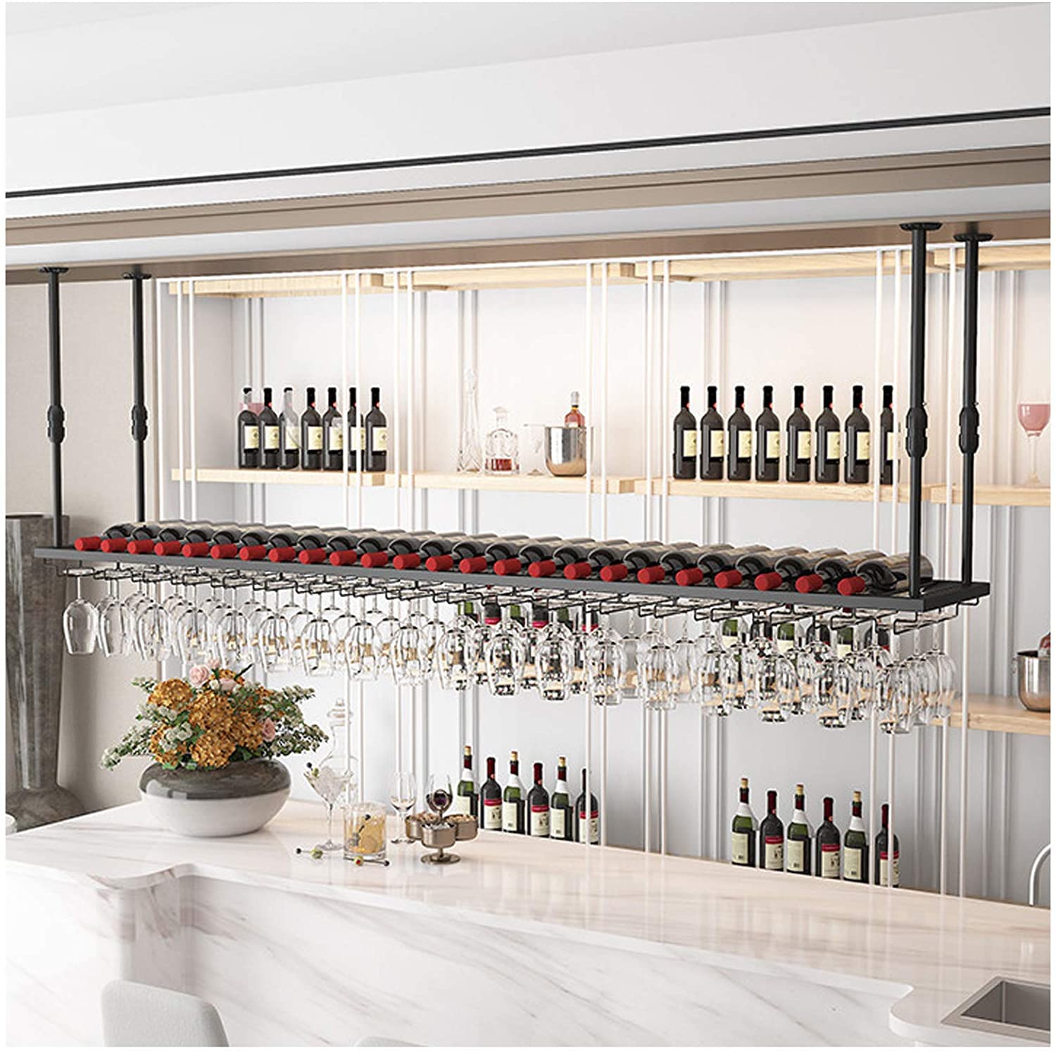 Casier à vin mural en fer noir avec support verre champagne suspendu plafond pour bar