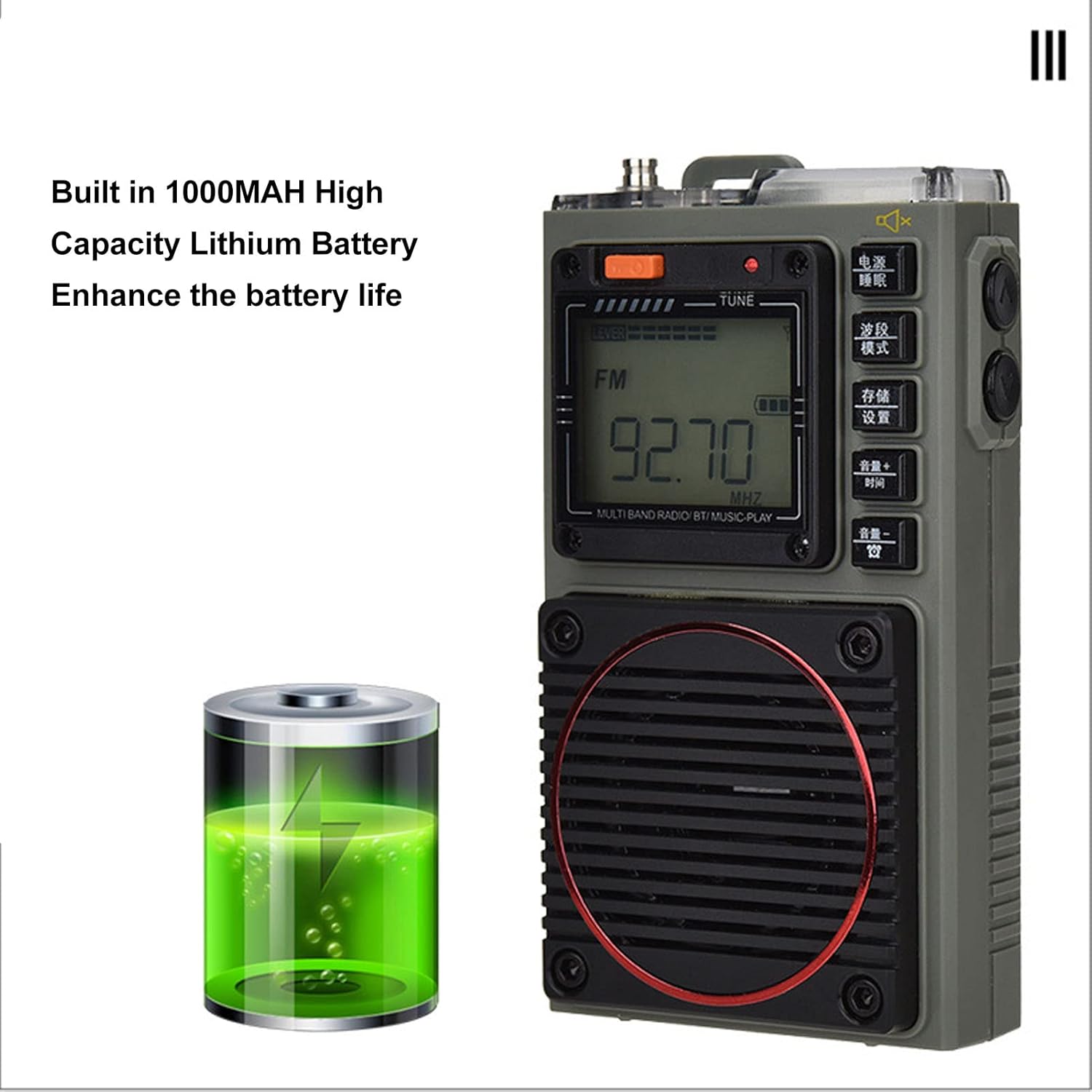 Acogedor HRD-787 radio next to an illustration of a fully charged battery.