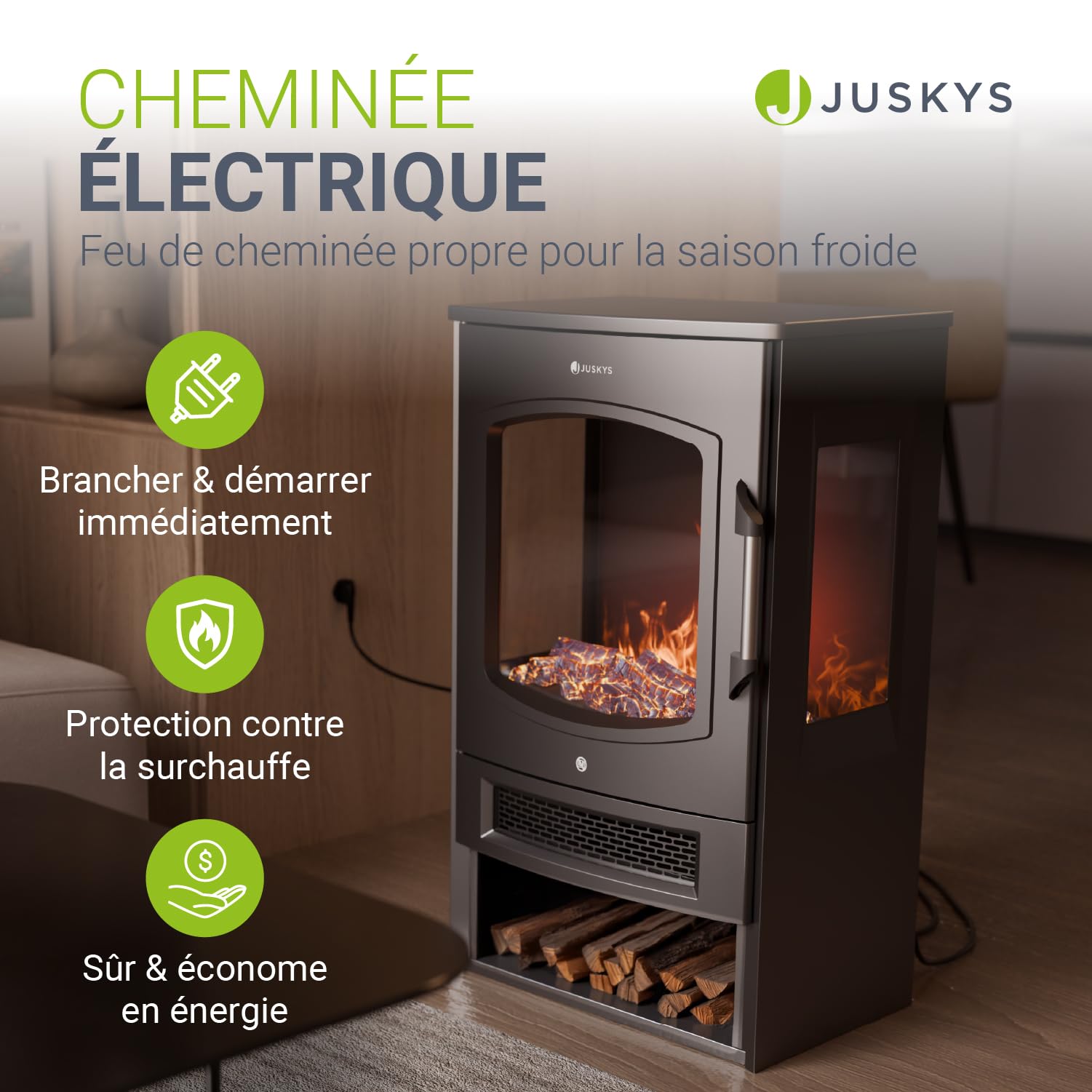 Juskys cheminée électrique 1800W – Noir, poêle électrique sur Pied avec Effet Flamme LED, WiFi/App, télécommande