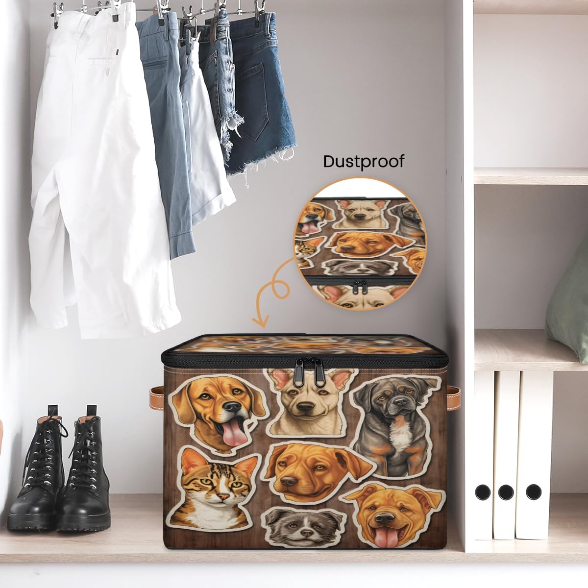 Storage Bin Set of 2 Dogs Cats Storage Basket with Zipper Lid & Handle Foldable Closet Shelf 2 Pack Cloth Organizer Basket Cube Bins Clothes Organizer for Bedroom, Nursery