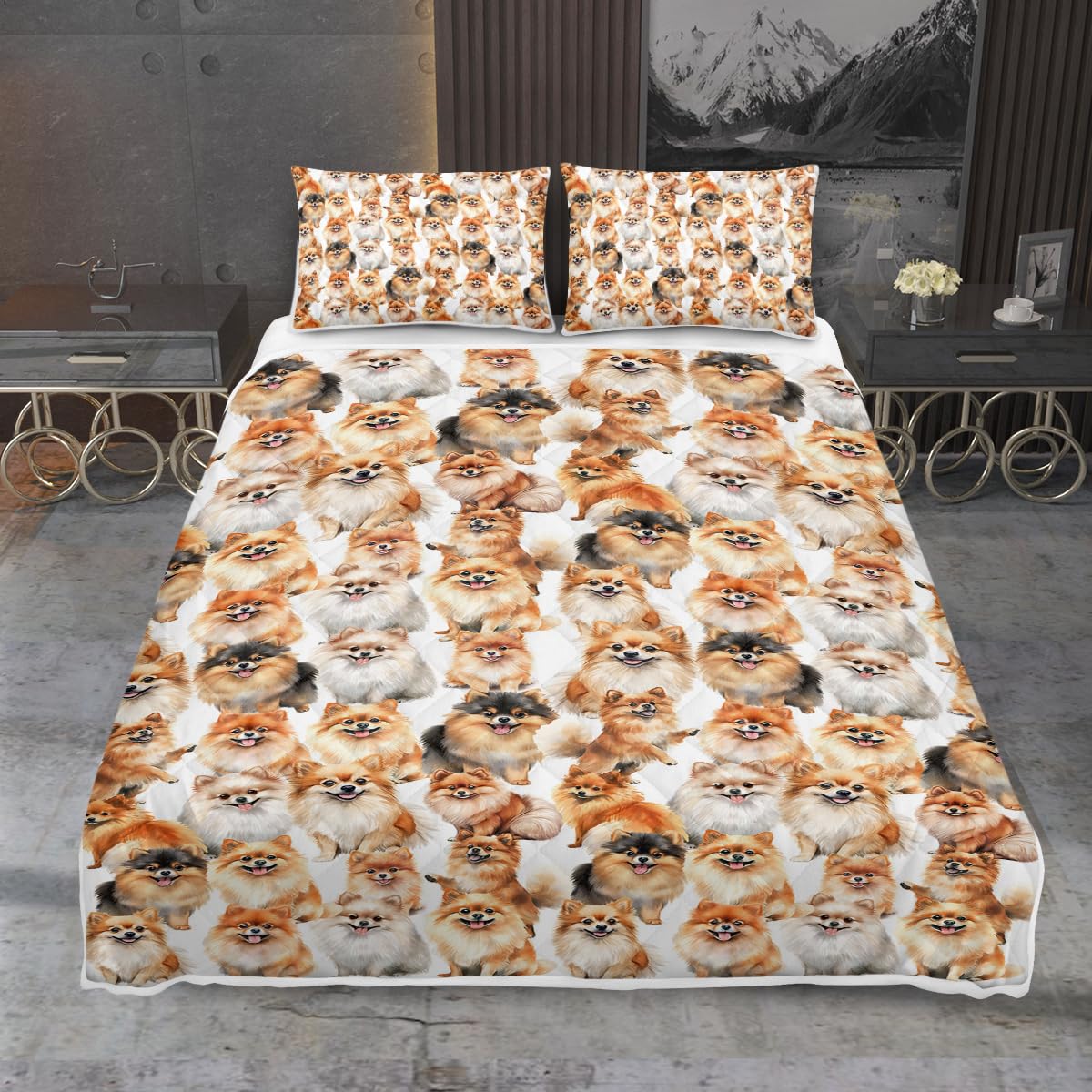 MILANKET 3 Pieces Cute Pomeranian Print Quilt Set Queen Size for Kids Teens White Bedspread Coverlet Lightweight Microfiber Bedding Set with 2 Pillow Shams