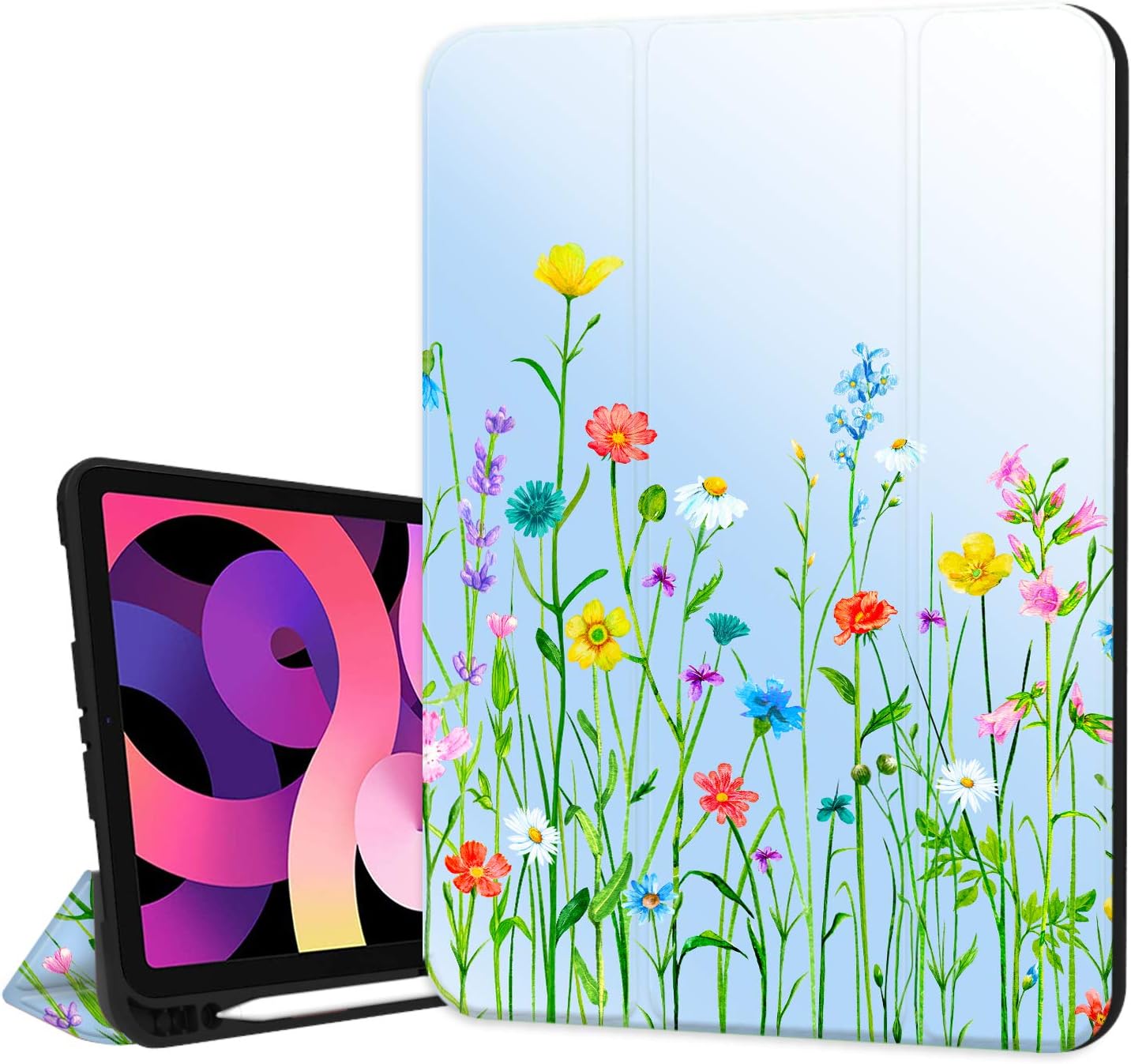 Hepix Wildflower iPad 10.9 inch Air 4th Generation Case with Pencil Holder 2020, Colorful Floral Trifold Protective Shockproof Smart Cover Auto Sleep Wake for A2072 A2316 A2324 A2325 Blue