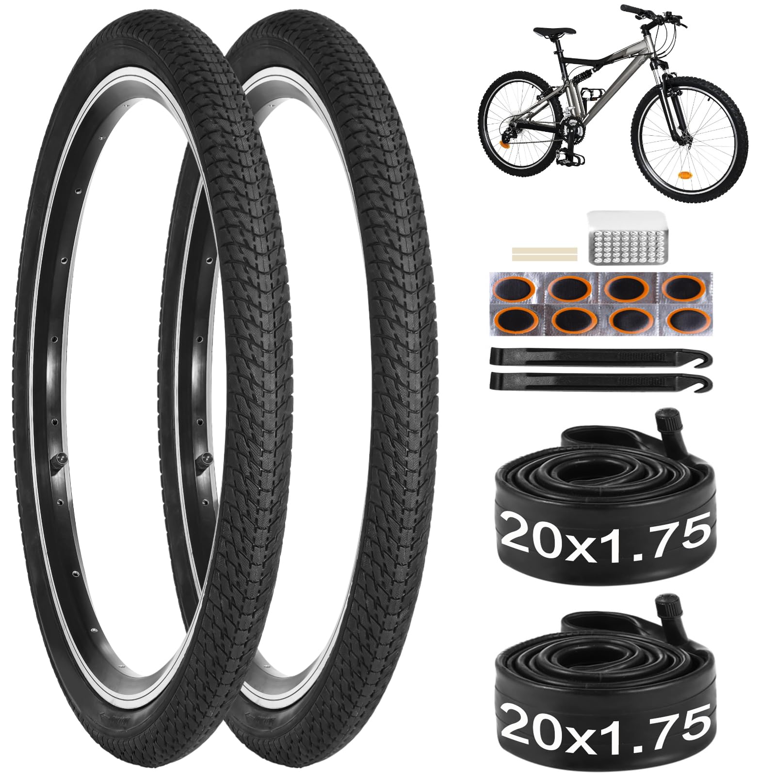 yeesport 20 Inch Bike Tire, 2 Pack 20x1.75 Bicycle Tires & Bike Tubes with Repair Kit, 20x1.75 Mountain Bike Tire Replacement, Rubber Tires for MTB Off-Road Bike