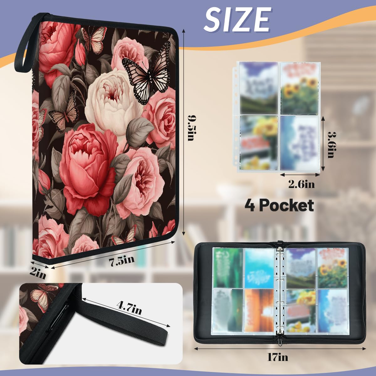 Classeur pour cartes à collectionner 4 pochettes avec motif de roses - Style vintage - Papillon - Pivoine - Avec pochettes amovibles - Étanche - Avec fermeture éclair - Capacité de 50 pages - Capacité