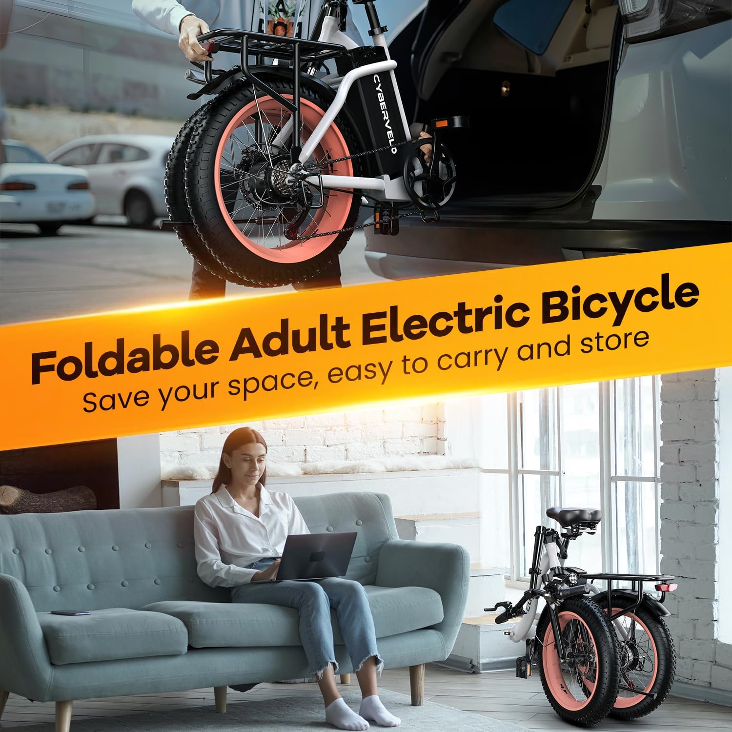 EUYBIKE 1000W Peak Folding Electric Bike City Commuter Ebike, 48V 20AH Lithium Battery, 20" Fat Tire 7-Speed Colourful LCD Display City Commuter Step-Thru E-Bicycle Pink White with Rear Basket