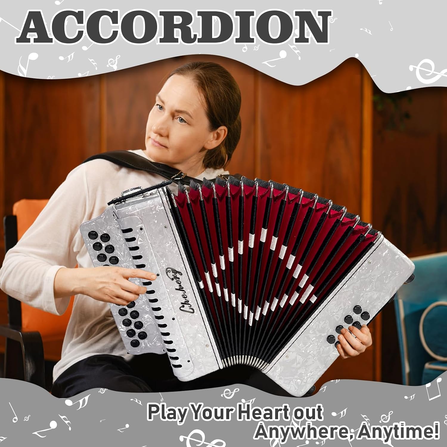 Accordion – 21 Keys 8 Bass Adult Push-Pull Heterophonic B/C Tone Accordion for Professionals & Beginners (white)