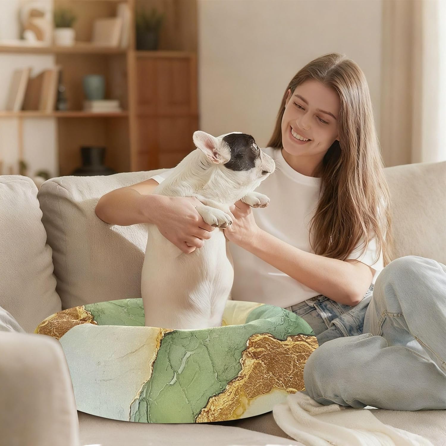 Marble Sage Green Yellow Pet Dog Beds Anti-Slip Dog Pillow Bed for Small Size Pets Supplies M