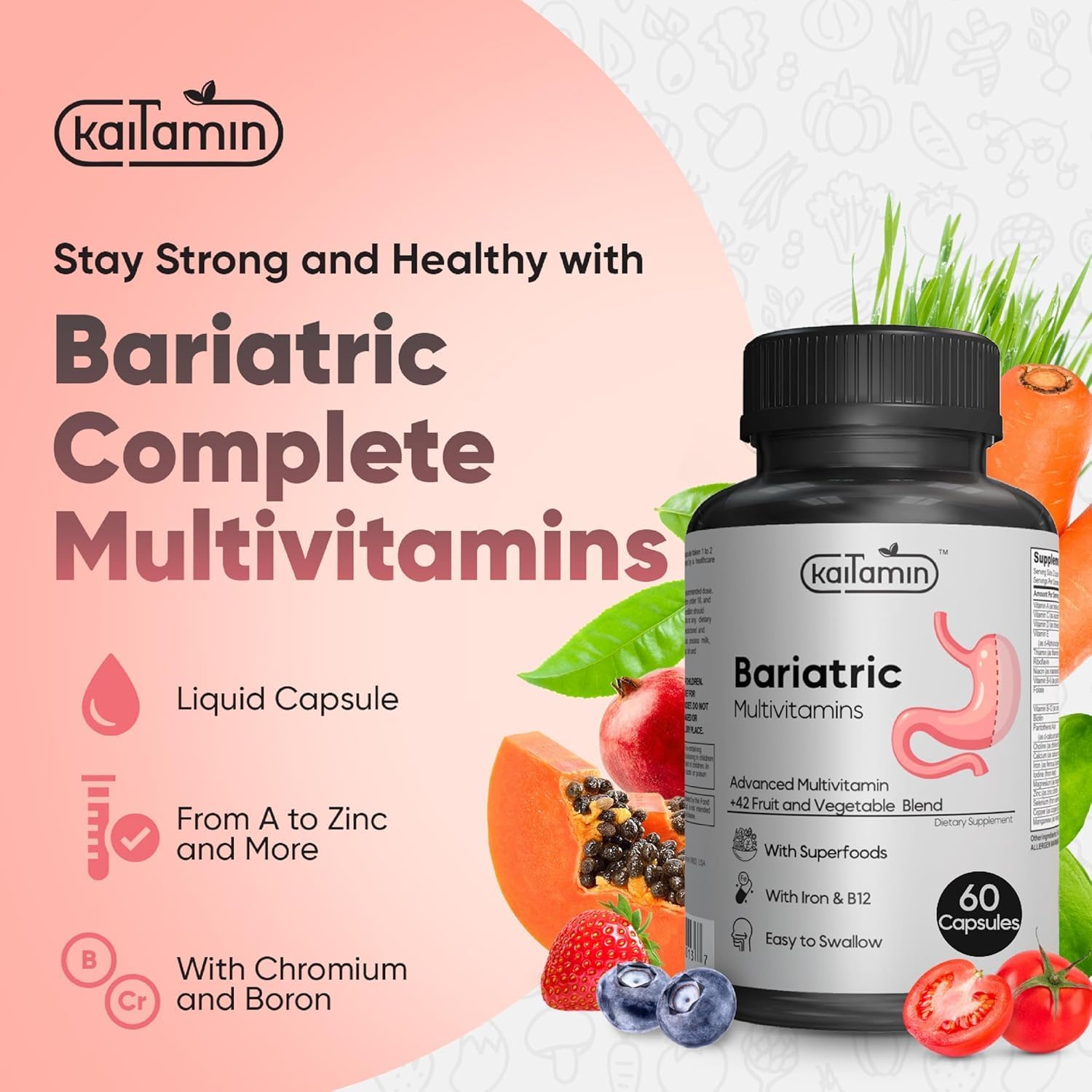 Bariatric Multivitamin with Iron – Post Bariatric Surgery – Gastric Bypass & Sleeve Support – for Women & Men – Easy to Swallow – B12, B6 & 42 Superfoods –Gluten-Free- 120 Caps 2-Month Supply