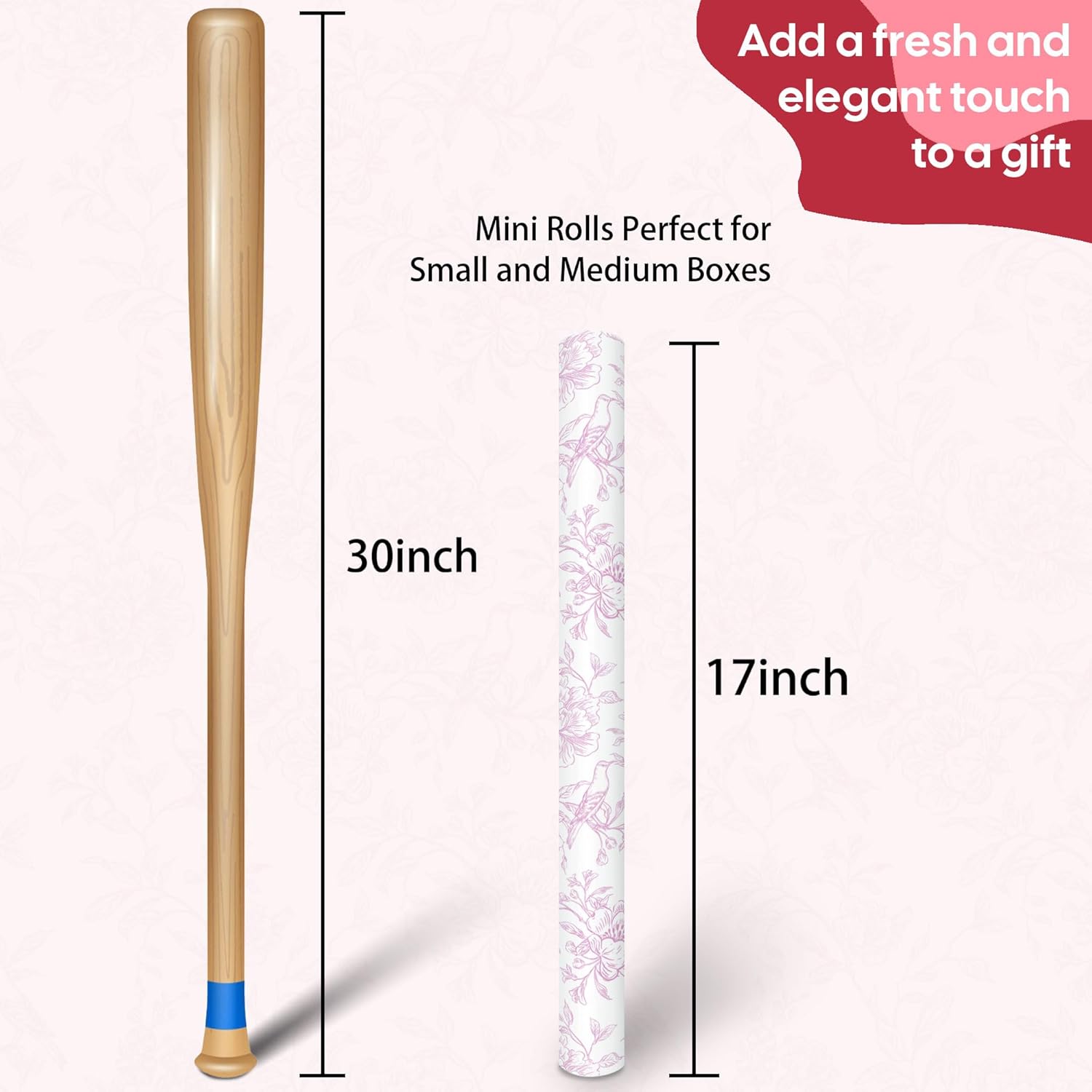 VCOOHM Pink Floral Wrapping Paper Roll - 17 Inches x 9.8 Feet - Vintage Pink Wrapping Paper for Birthday, Wedding, Bridal Shower, Chrismtas and Mother's Day Gifts - Image 2