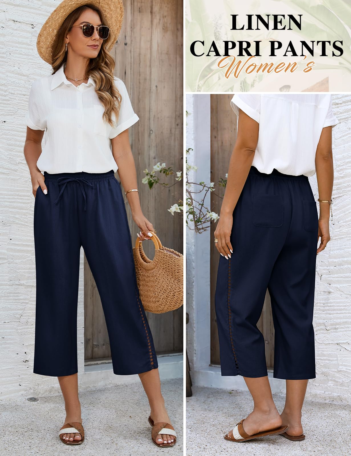 Voqeen Pantalon Lino Mujer Cintura Elástica con Cordón Pantalones Anchos 3/4 Pantalon Fluido con Bolsillos Pantalones Palazzo Casuales Pantalones Cortos De Playa De Verano