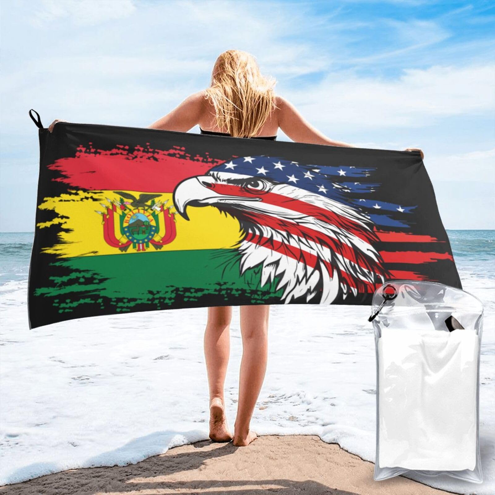 HACXZ America Flag and Bolivia Flag Microfiber Beach Towel Lightweight Absorbent Travel Pool for Men Women 27.5"X55"