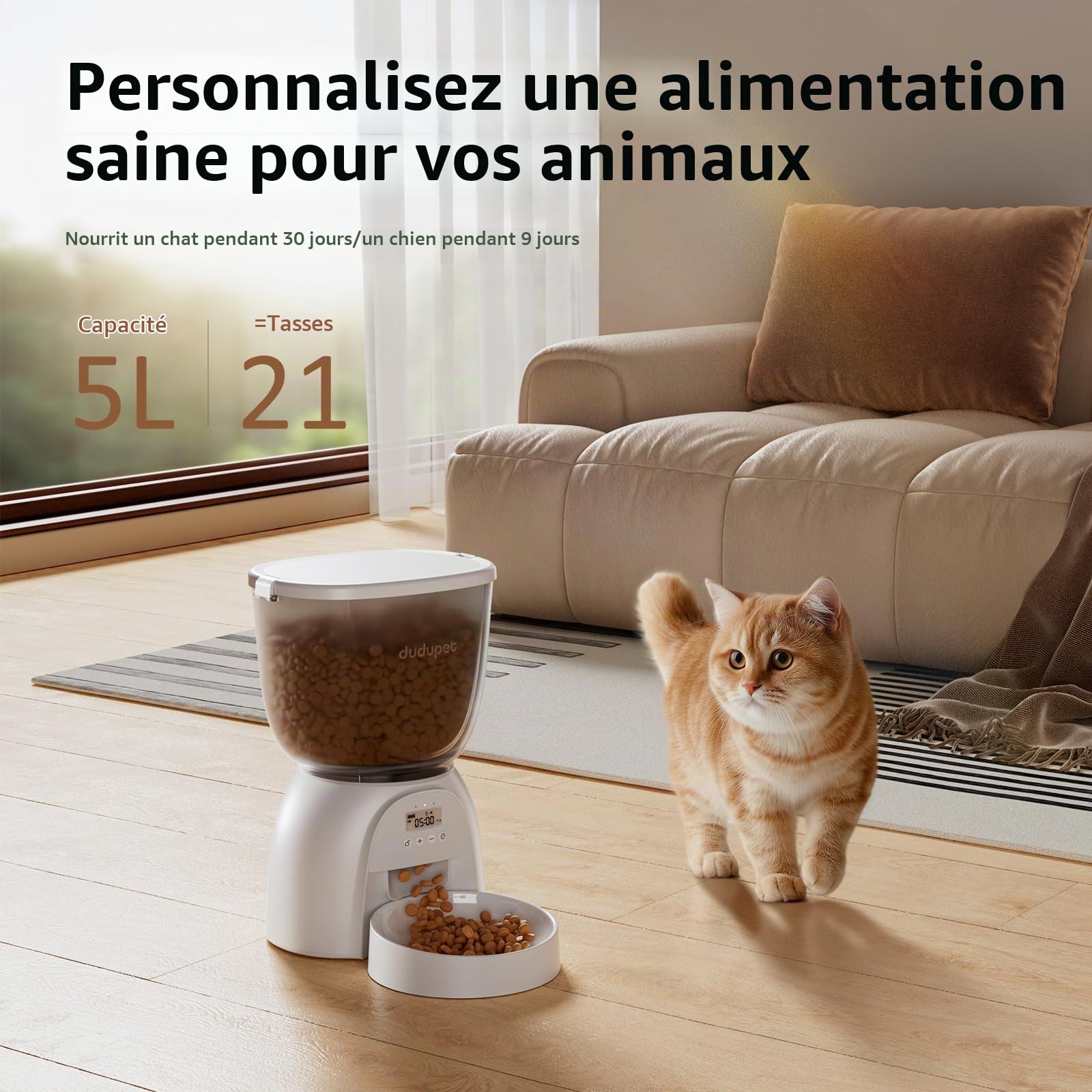 Distributeur Croquettes Chat Automatique 5L - Distributeur Croquettes Chat avec Minuterie Programmable - 1-6 Repas par Jour - Amovible et Lavable, Mangeoire de Nourriture pour Chien